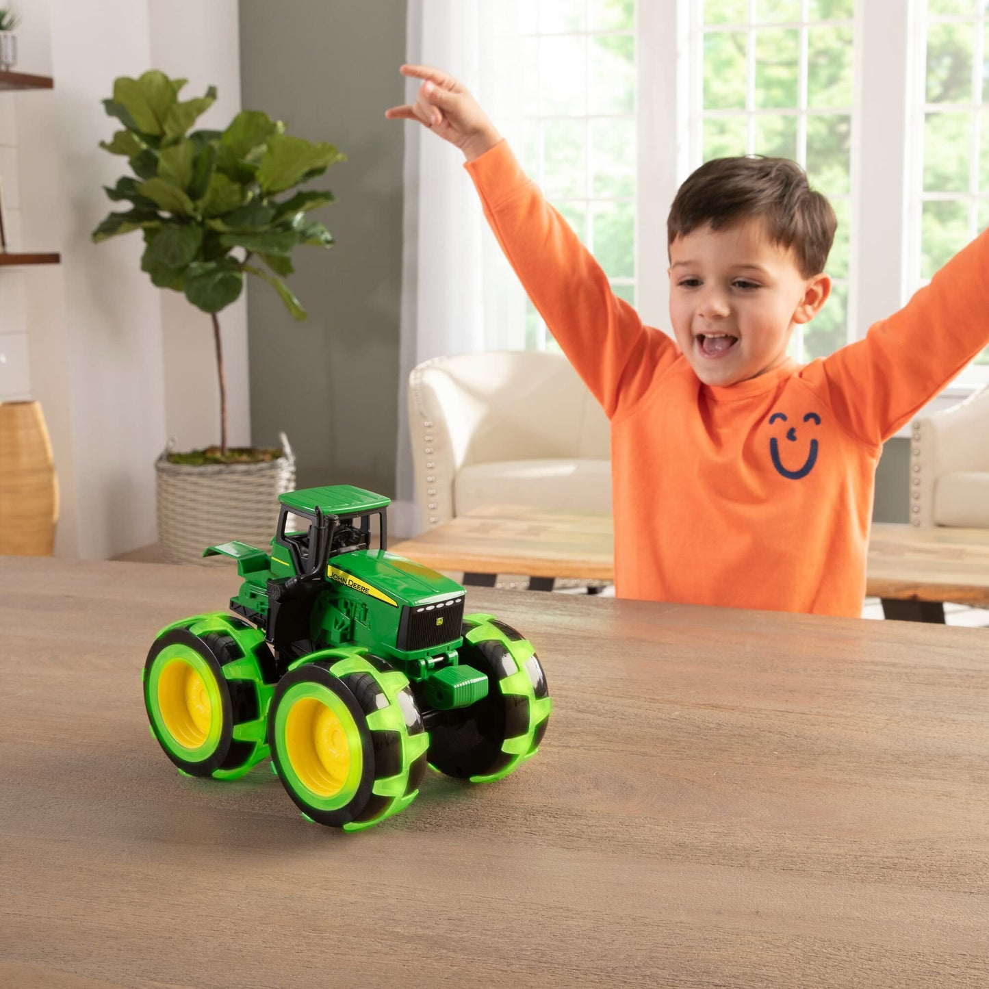 TOMY Monster Treads Lightning Wheels - John Deere Tractor - Motion Activated Light Up Monster Truck Toy - John Deere Tractor Toys with Monster Truck