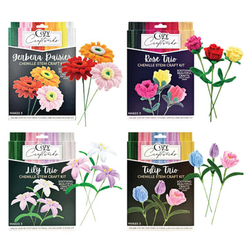WeVeel Cozy Craftworks Chenille Stem Flower Craft Kit for Adults - CC 4 Flowers Bundle - Relaxing DIY Arts & Crafts Kit with All Supplies