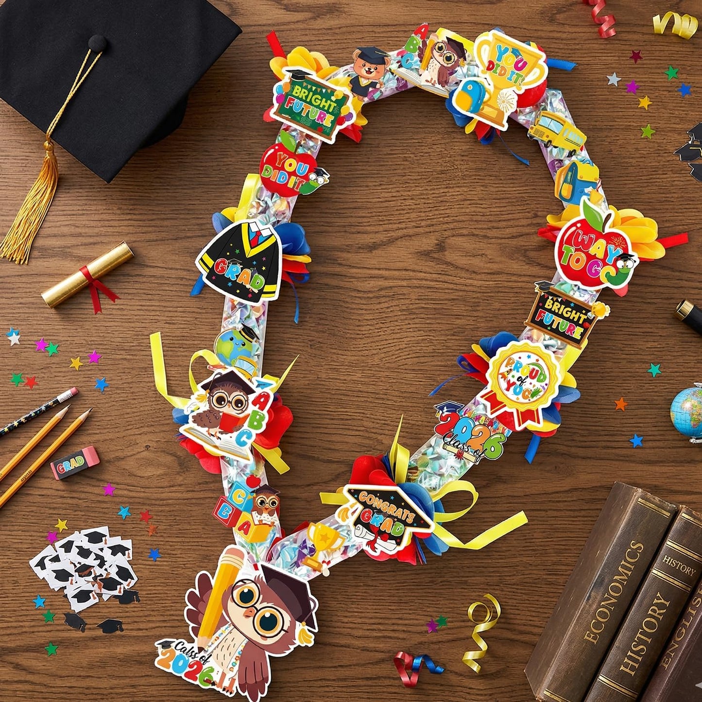 Silkovahamd Kindergarten Graduation Leis 2026 - Candy Lei Making Kit, 6 Clear Candy Tubing Bags 18 Paper Cards 3 Ribbon Rolls 6 Pack Stickers 48
