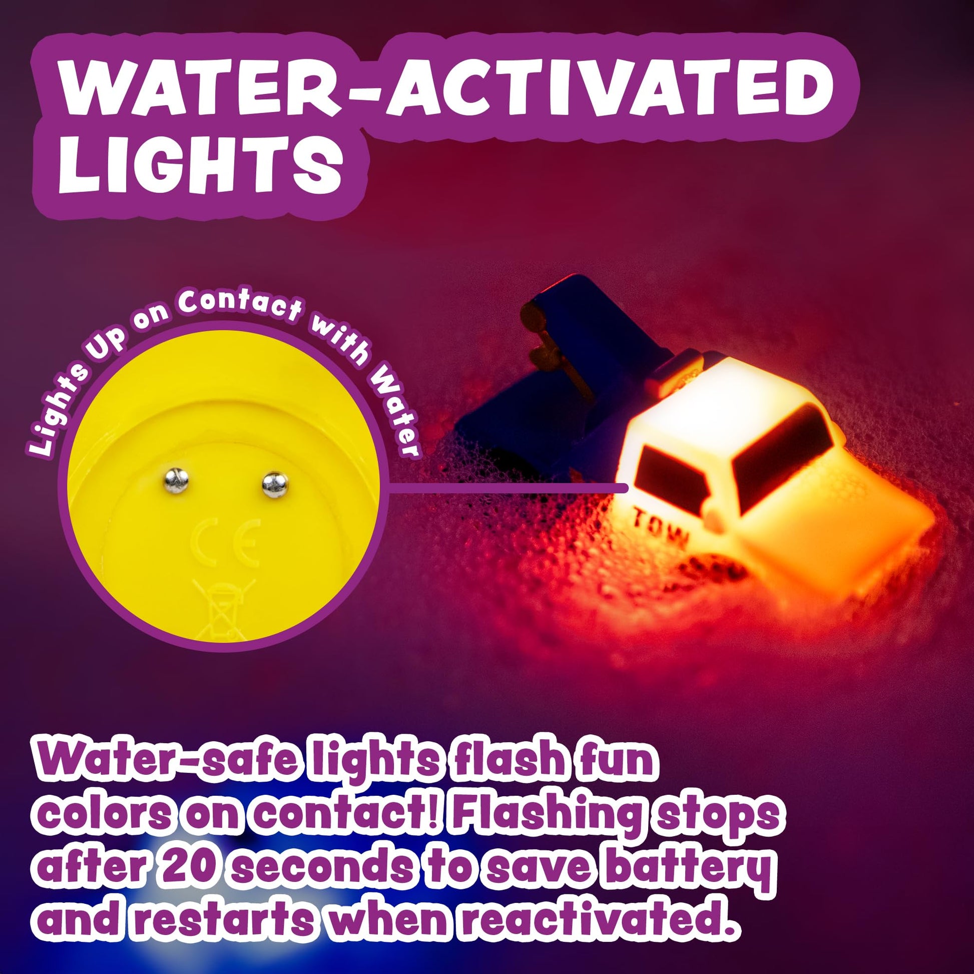 Tub Works® Emergency™ Cars Light Up Bath Toys, 6 Pack | Water-Activated Light Up Toys Flash & Change Color | Soft, Squeezable Baby & Toddler Bath Toys