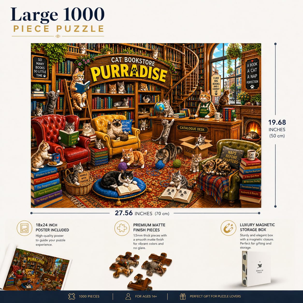 Cat Puzzle for Adults 1000 Pieces - Cozy Bookstore Library Cats Jigsaw