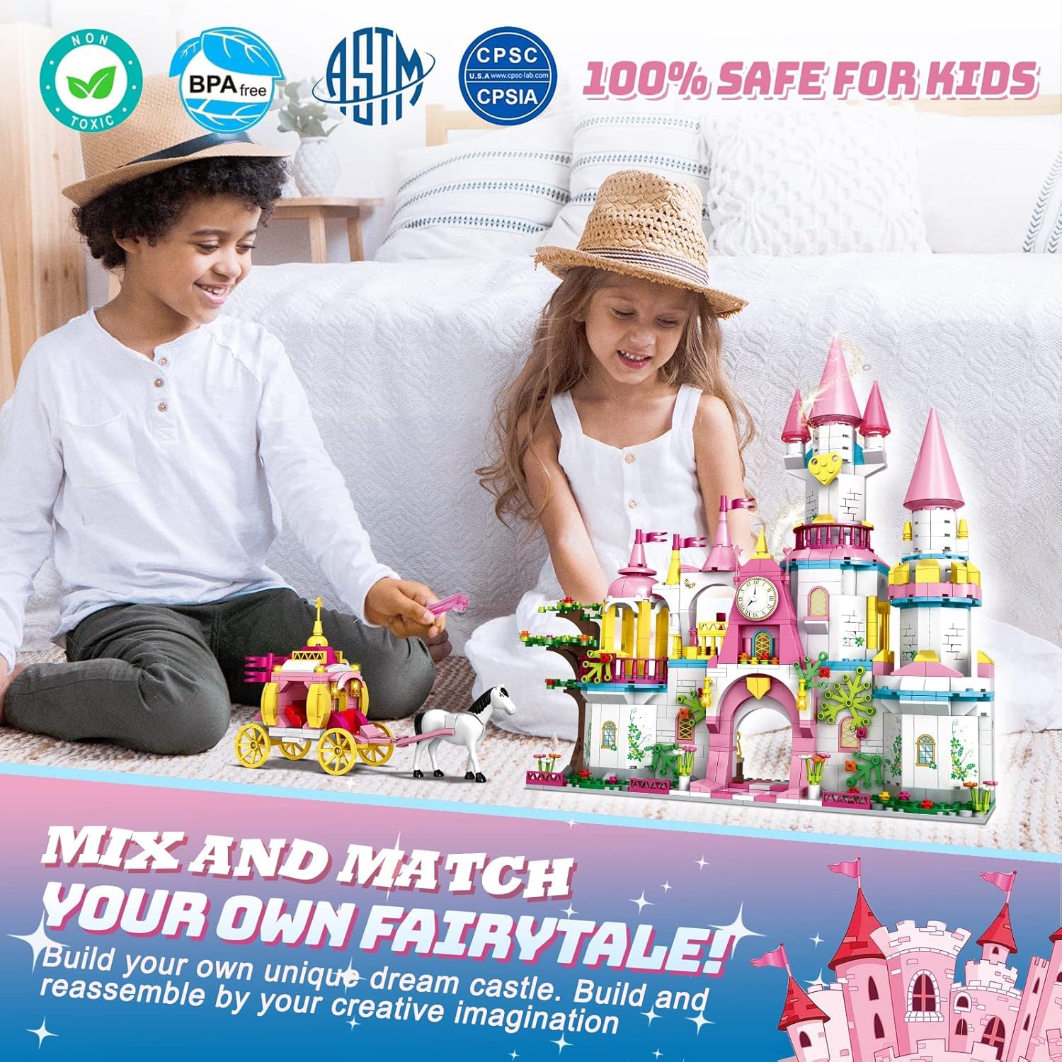 KOJAYHOL Castle STEM Building Toys for Girls Ages 6-12 Years Old, 1000PCS Building Sets for Girls & Boys, Pink Princess Castle Carriage Playset