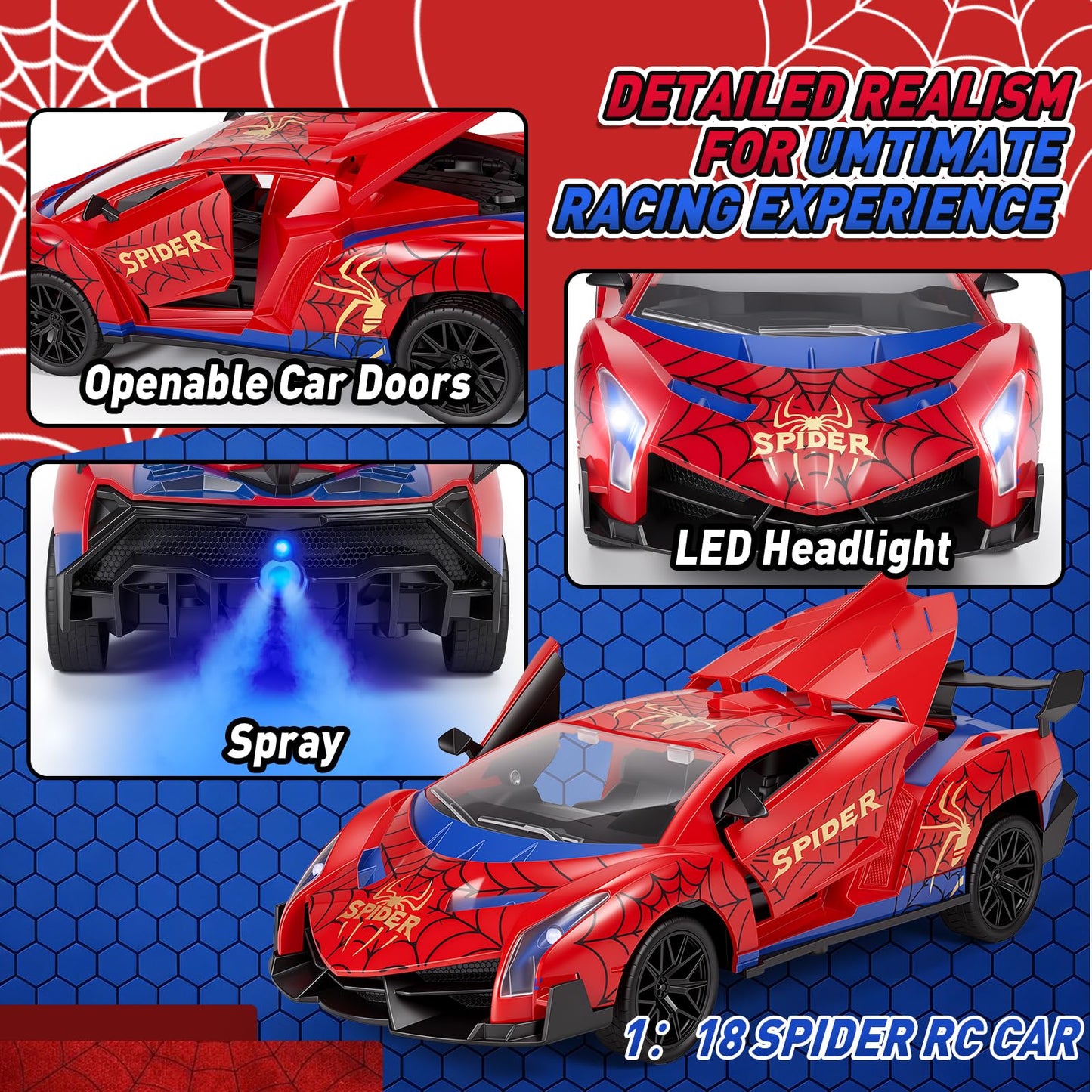 CHMYWJ Spider Remote Control Car with Lights, Spray, Openable Scissor Doors Gifts for 3 4 5 6 7 8 9 10 Year Old Boys Age 3-4 4-6 6-8 8-12 Christmas