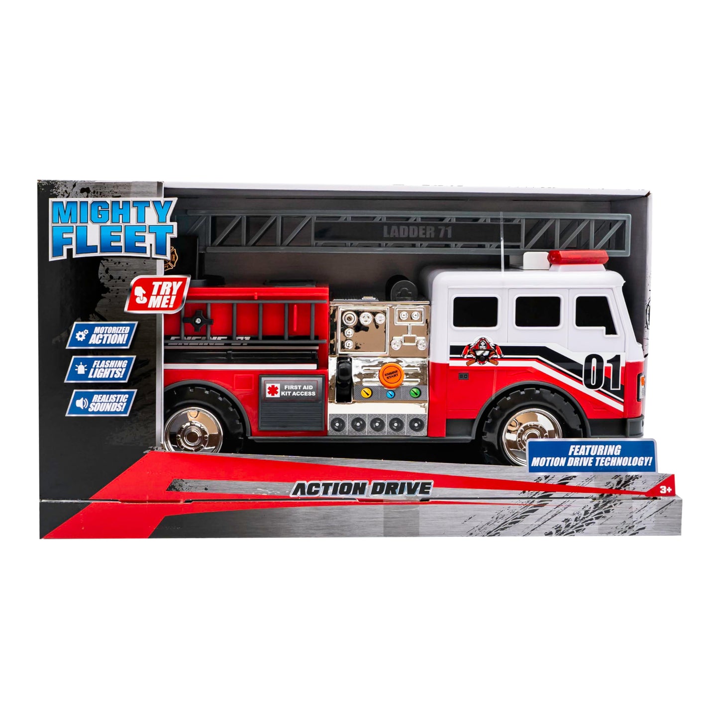 Mighty Fleet Action Drive 16" Interactive Fire Truck Toy w/Lights & Sounds, Firetruck Working Ladder, Motion Drive Action, Realistic Design