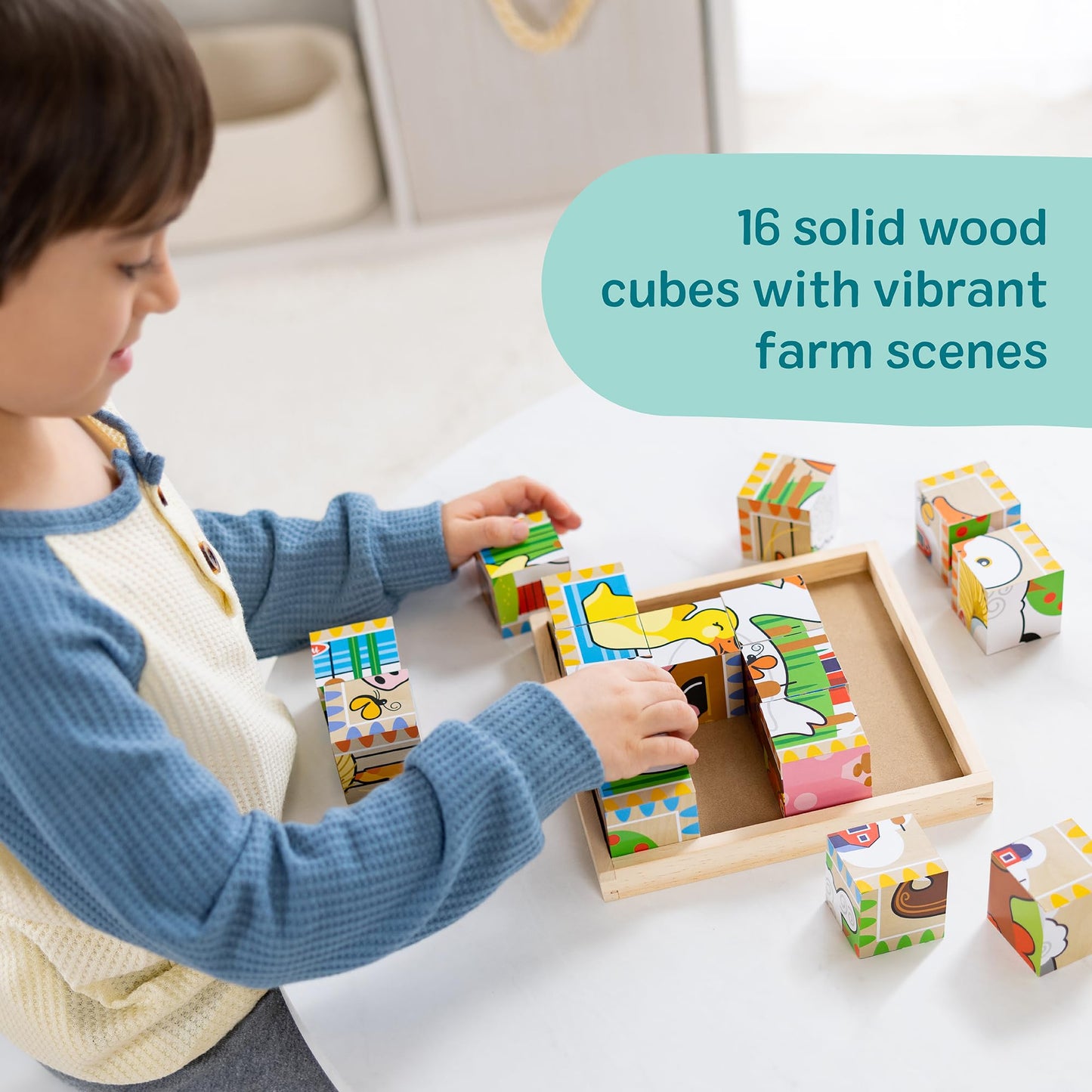 Melissa & Doug Farm Wooden Cube Puzzle with Storage Tray - 6-in-1 Animal Puzzle for Toddlers and Preschoolers - 16 Wooden Cubes - Farm Toy for Kids