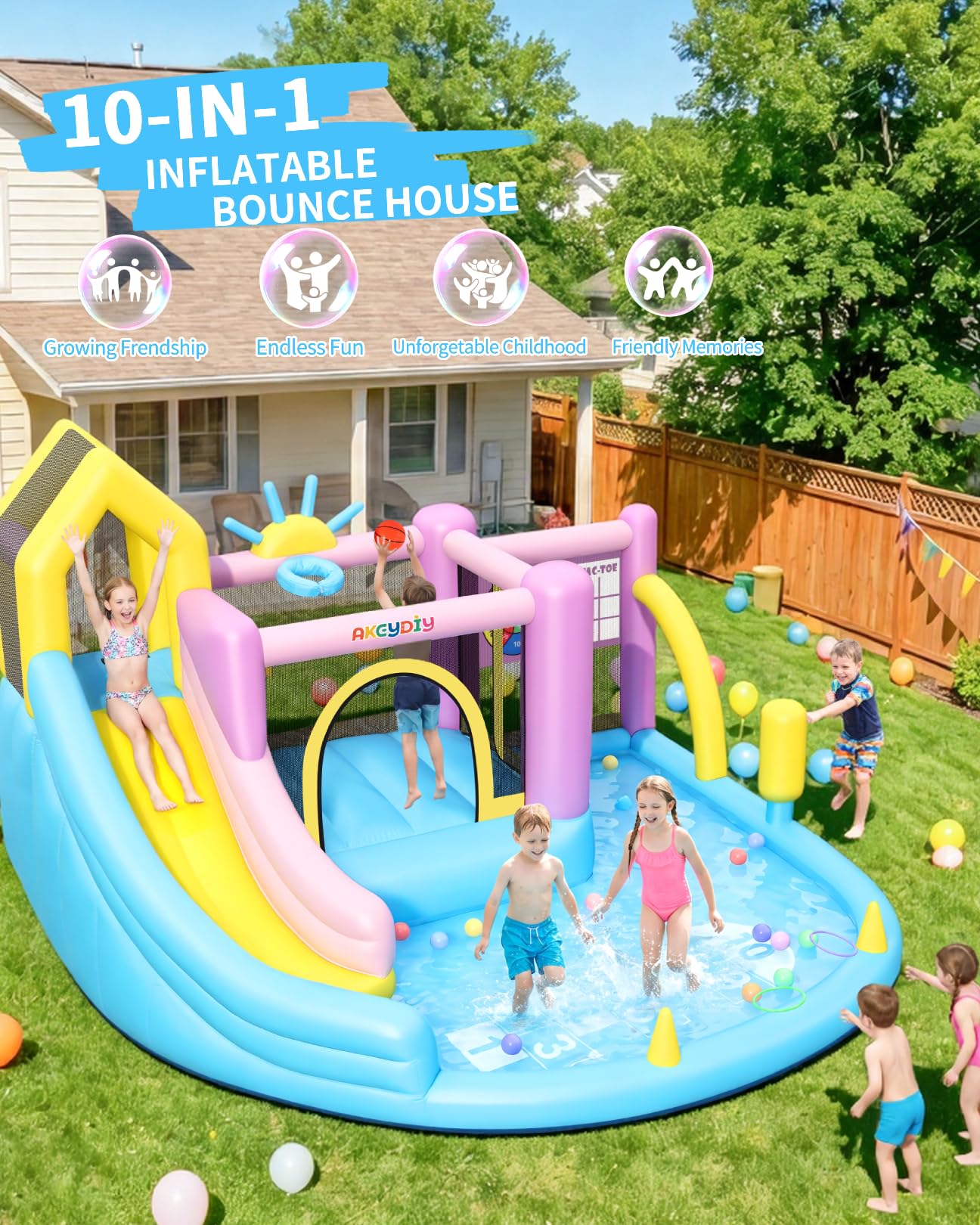 AKEYDIY Inflatable Bounce House,Kids Bouncy Castle Water Parkfor 2~10, Indoor/Outdoor Bouncy House with Blower Included,Pastel Bouncer Jump House
