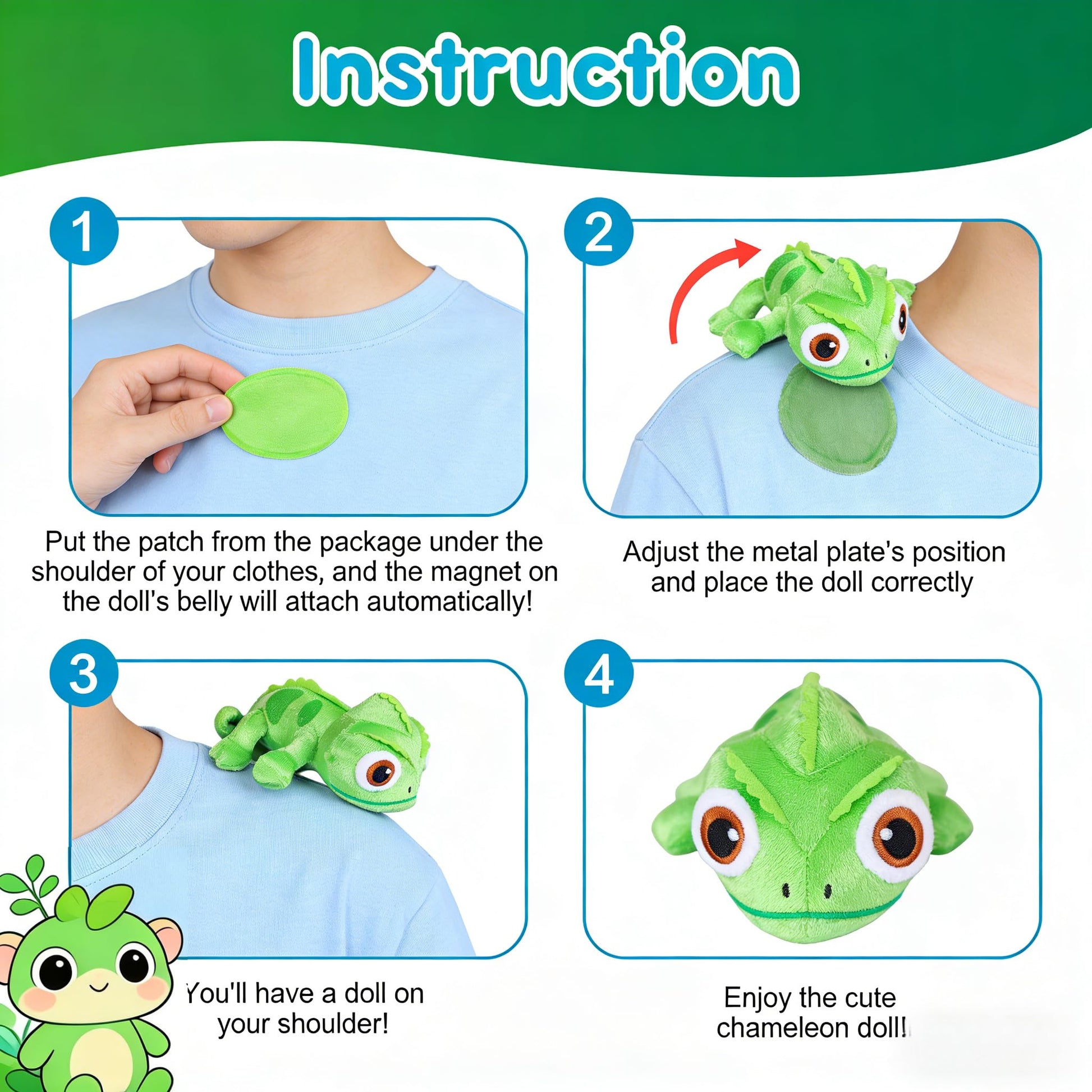 BOKIRZOS Magnetic Shoulder Chameleon Plush Toy, Soft Lizard Stuffed Animal Cosplay Accessory for Kids Teens Adults, Includes Key Ring