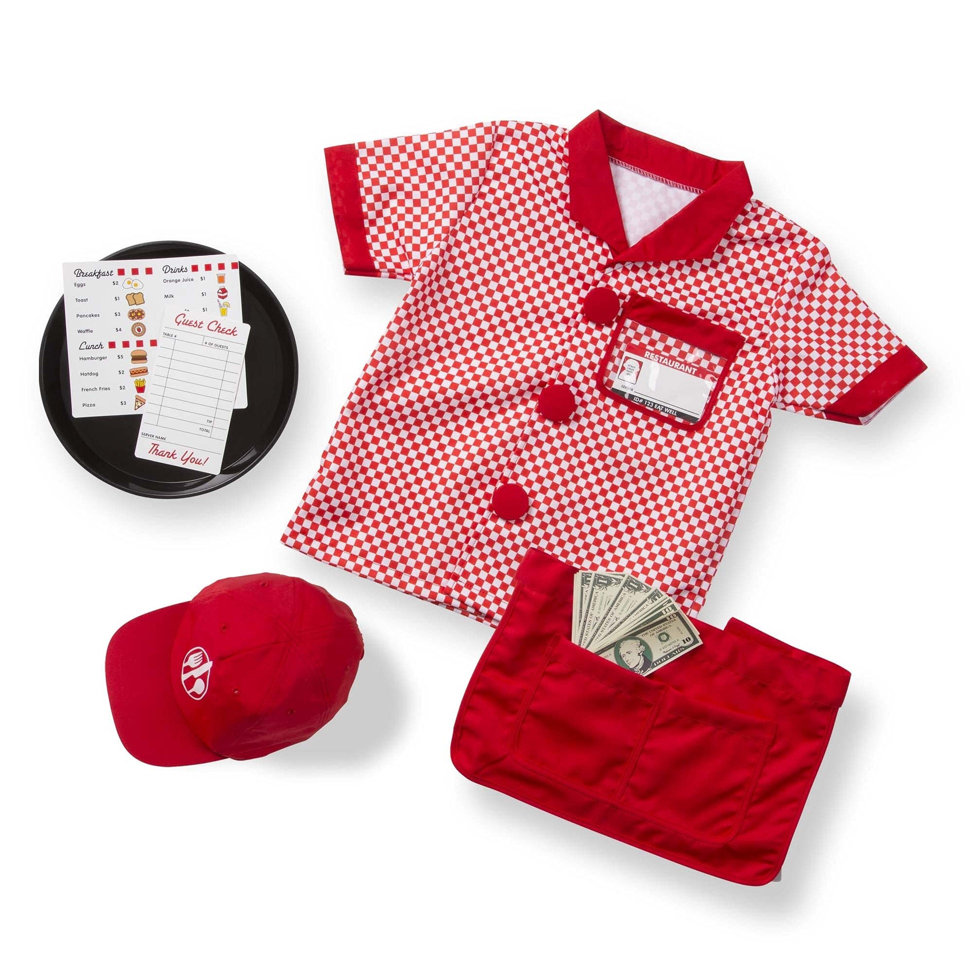 Melissa & Doug Server Costume, Pretend Play Dress Up Set (9-Pc) Shirt, Apron, Menu & Accessories, Role Play Toys for Kids 3+