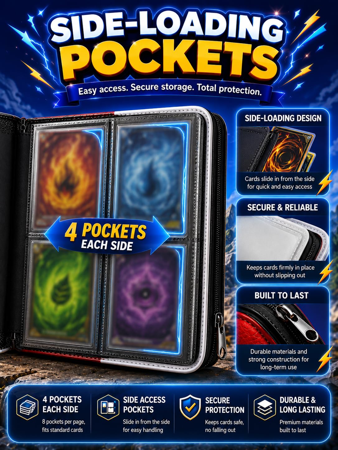 Trading Card Binder for Kids - 400 Cards Capacity Zipper Album with Portable Strap, Double Sided 8 Pocket Pages for MTG Yu-Gi-Oh Baseball Card
