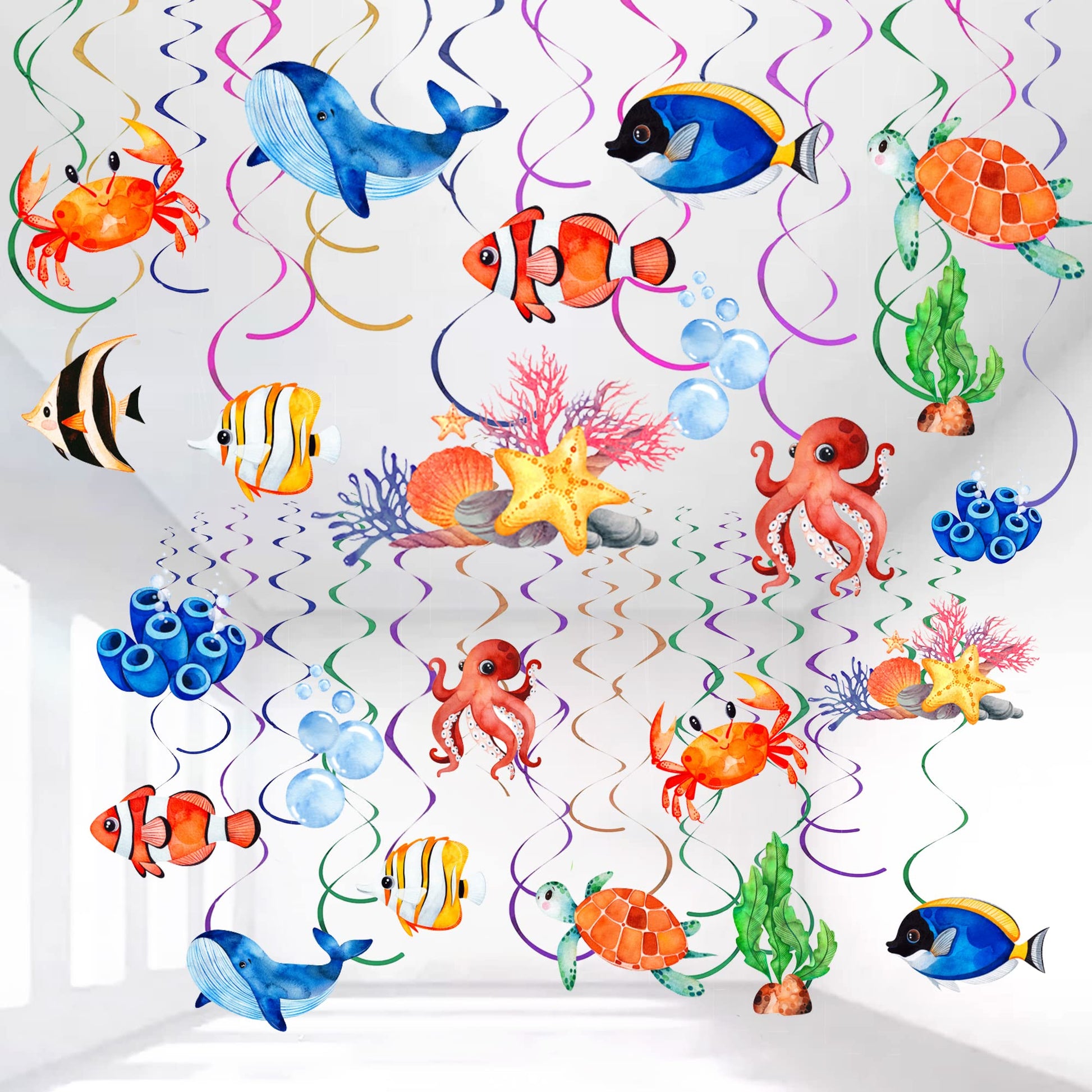 54 Pcs Under The Sea Party Decorations Ceiling Hanging Swirls Ocean Party Decorations Sea Animals Fish Themed Party Supplies Baby Shower Mermaid