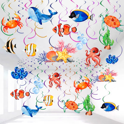 54 Pcs Under The Sea Party Decorations Ceiling Hanging Swirls Ocean Party Decorations Sea Animals Fish Themed Party Supplies Baby Shower Mermaid