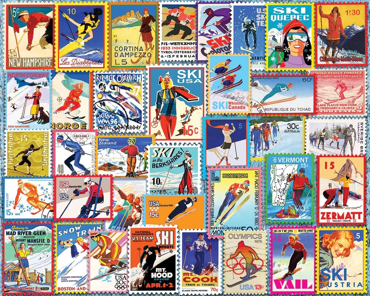 White Mountain 1000 Piece Jigsaw Puzzle Winter Christmas, Ski Stamps