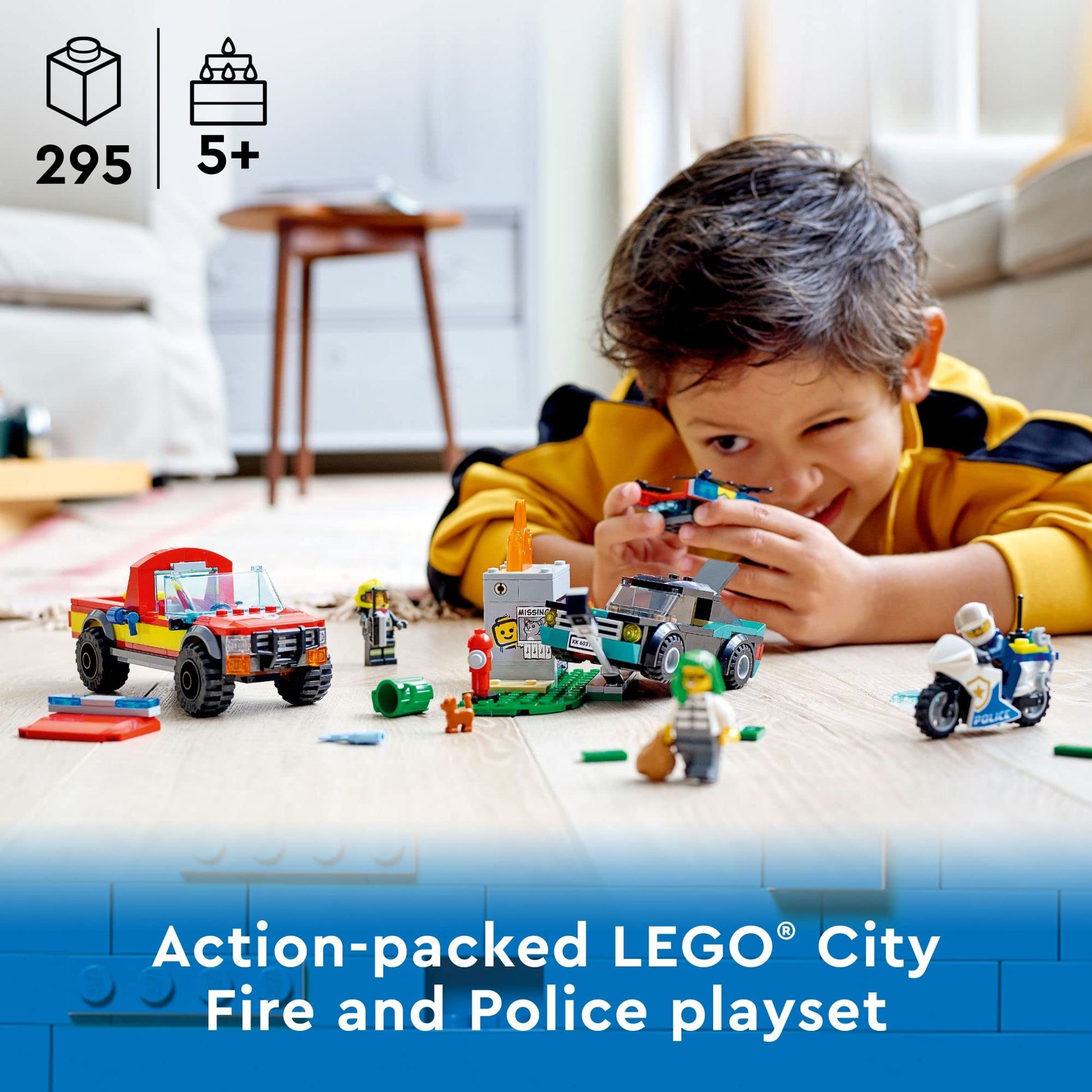 LEGO City Fire Rescue & Police Chase Building Set 60319 - Kid's Fire & Police Build, Featuring 3 Minifigures, Emergency Truck, Patrol Car, Motorcycle