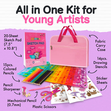 Mimtom Drawing Stencil Kit for Kids, 51 PC Art Set with 270+ Shapes, Sketch Pad, and Colored Pencils for Child's DIY Arts and Crafts, Draw