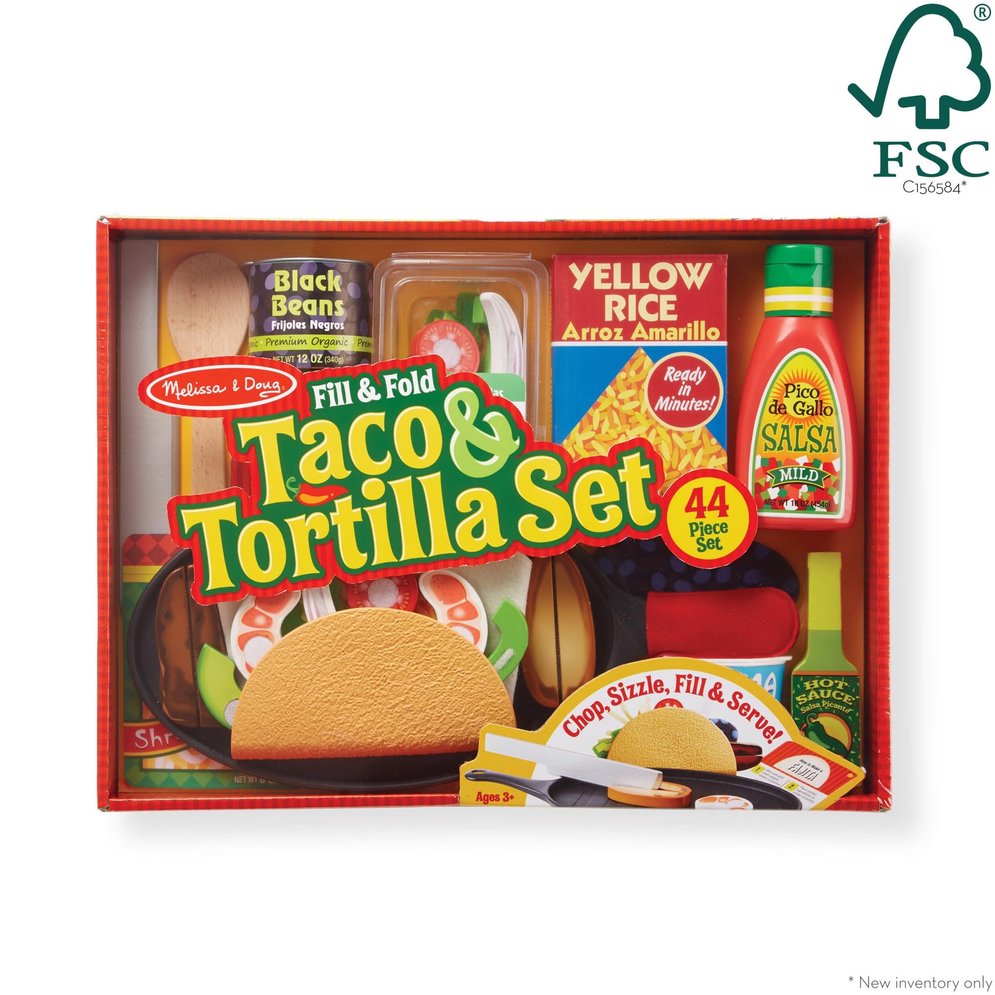 Melissa & Doug Fill & Fold Taco & Tortilla Set, 43 Pieces - Sliceable Wooden Mexican Play Food, Skillet, and More - FSC Certified