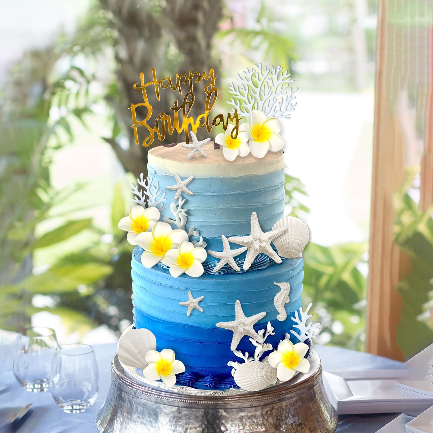 21 PCS Flower Cake Topper Hawaiian Beach Cake Decorations with Starfish Artificial Plumeria Flower for Hawaii Aloha Summer Theme Wedding Birthday