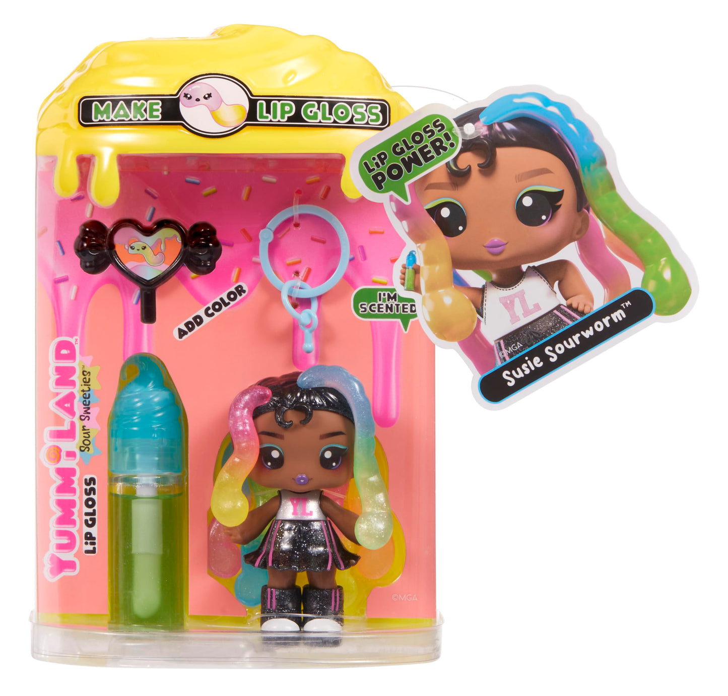 Yummiland Lip Gloss Doll: Sour Sweeties - Sasha Sourworms Includes DIY Lip Gloss + Removable Keychain, Cosmetic Play, Collectible, Ages 4+