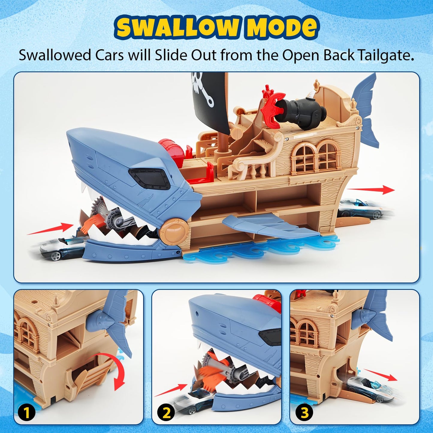 DUKVSG Shark Pirate Ship Toy Car Playset with Biting Jaws, 8 Race Cars, Launching Anchor and Turret, Great Play Shark Corsair & Race Cars, Birthday