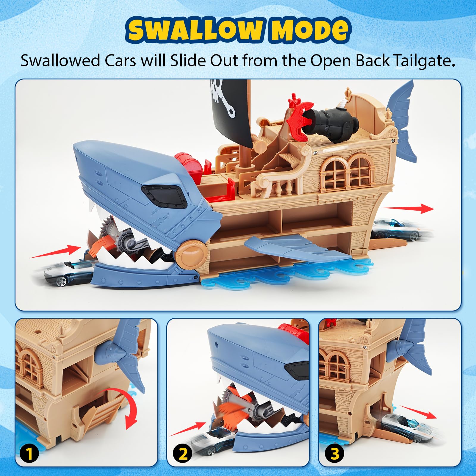 DUKVSG Shark Pirate Ship Toy Car Playset with Biting Jaws, 8 Race Cars, Launching Anchor and Turret, Great Play Shark Corsair & Race Cars, Birthday