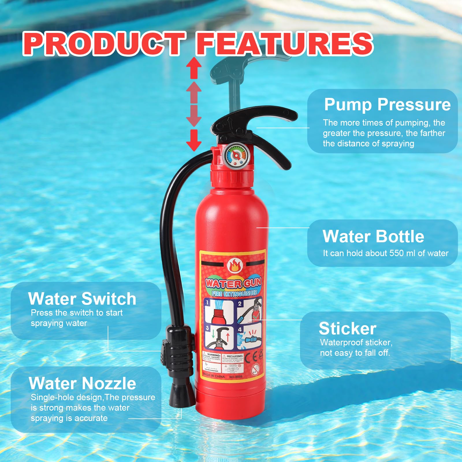 Water Gun for Kids, 2 Pack Fire Extinguisher Water Squirt Toys, 550CC Super Range Summer Gift for Swimming Pool Beach Outdoor Water Fighting Play