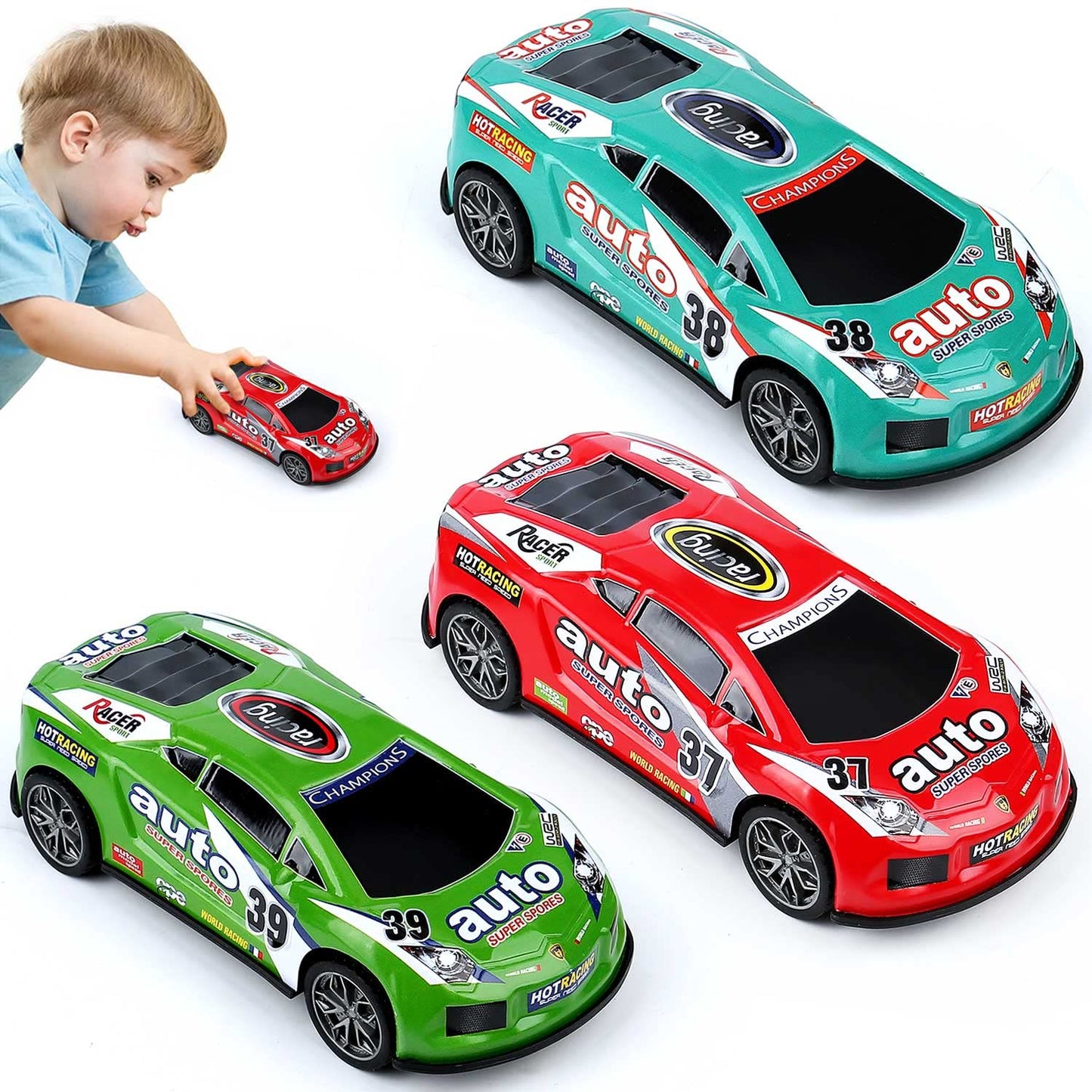 ZOHANINDL 7 inch Friction Power Car Toys Set, Push and Go Pull Back Trucks Wind up Race Car 3 Pack Suitable for Toddlers 3 4 5 6 7 Year Old Kids Toys