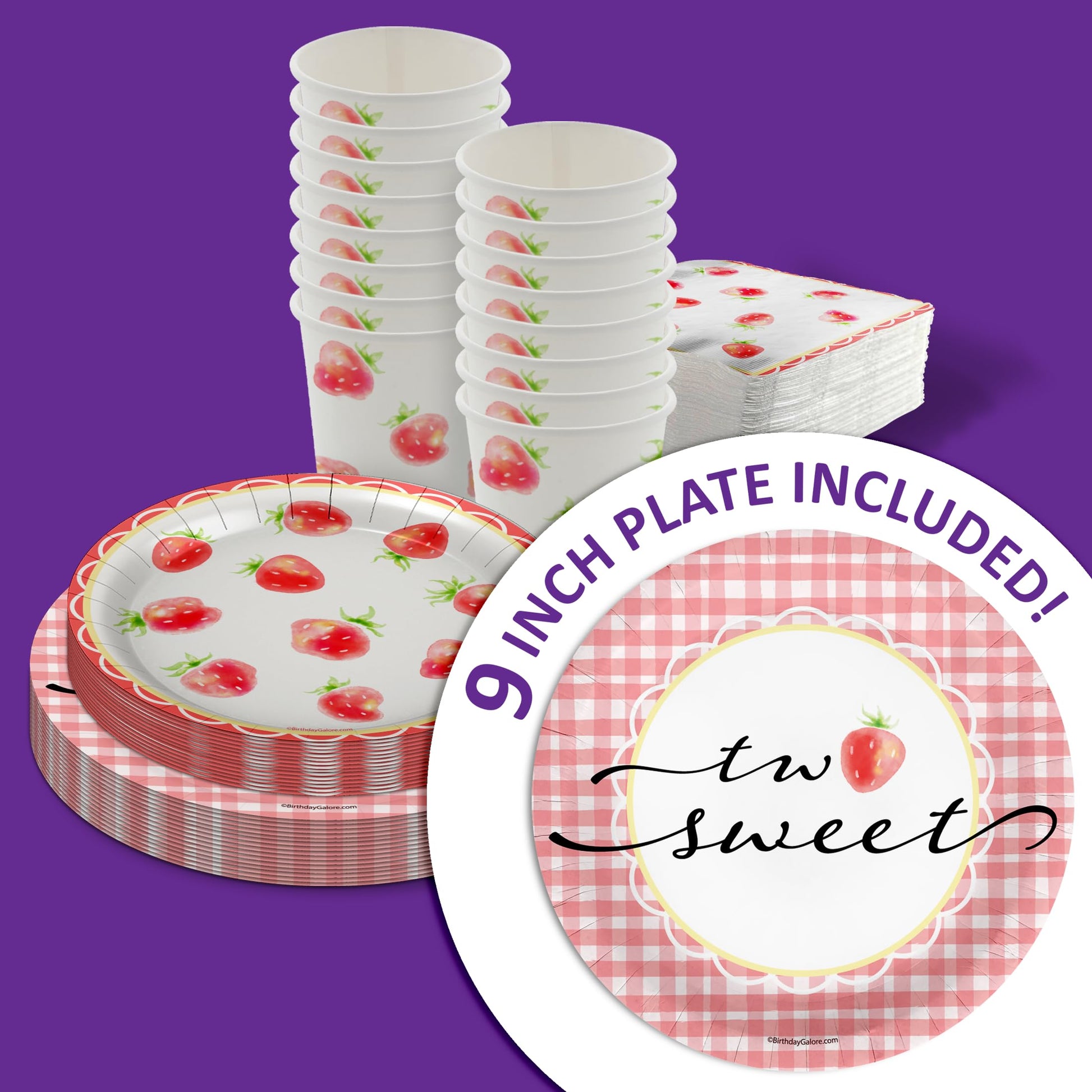 Two Sweet Strawberry Birthday Party Supplies - 64 Piece Girls Second Birthday Tableware Set Includes Large 9" Dinner Plates and 8" Dessert Paper