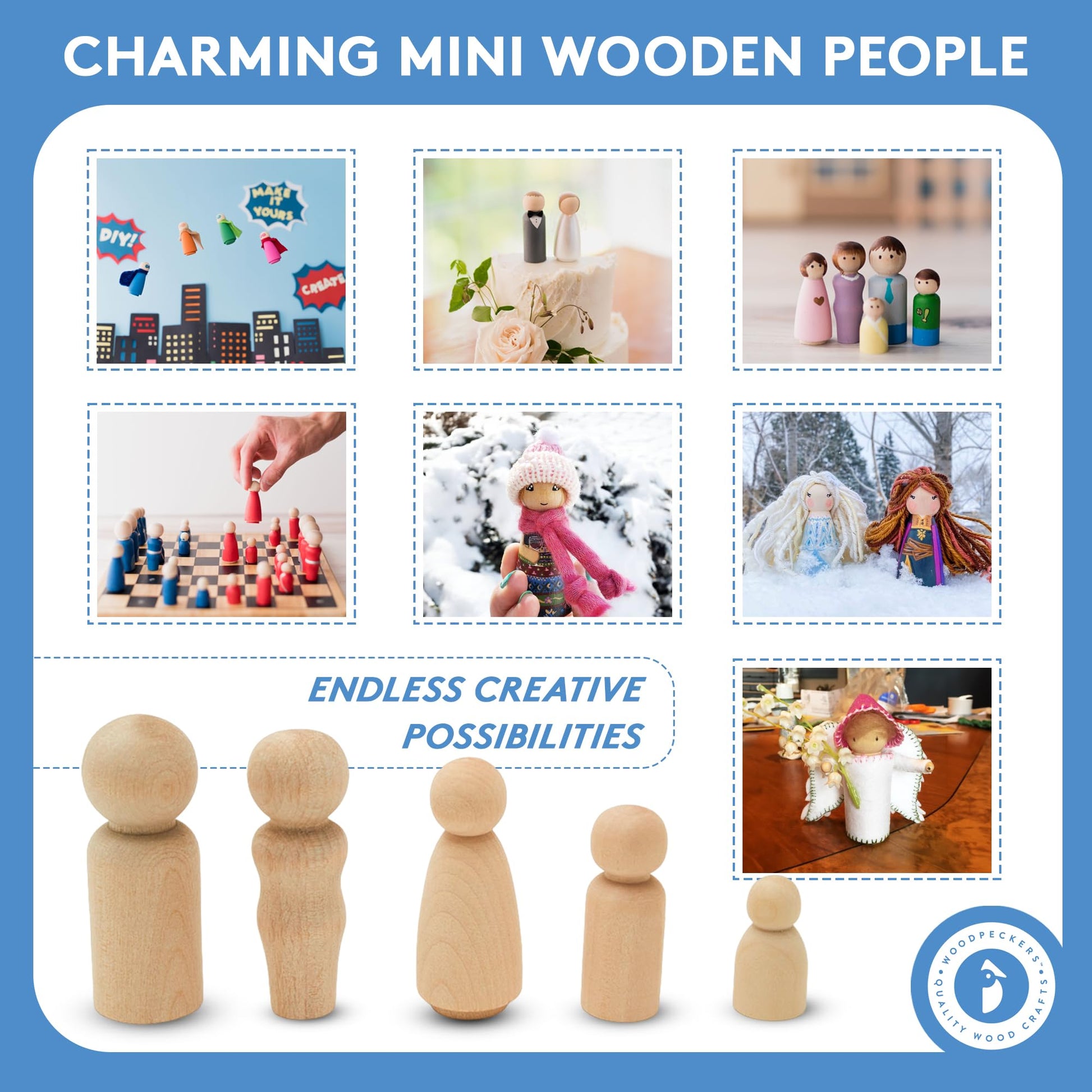 Woodpeckers Wood Peg People Set, 40 Piece Wood Peg Family (Peg People: Dad, Mom, Angel, Child, Baby) Unfinished Wooden Figurines for Crafting