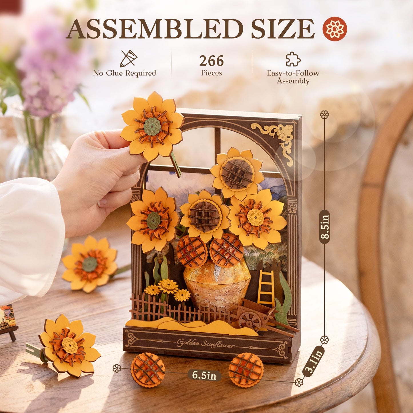 ROBOTIME Wooden Flower Golden Sunflower Building Sets for Adult with Lights TH002, Van Gogh Wall Art Crafts, Painting Frame Room Decor, Valentine's