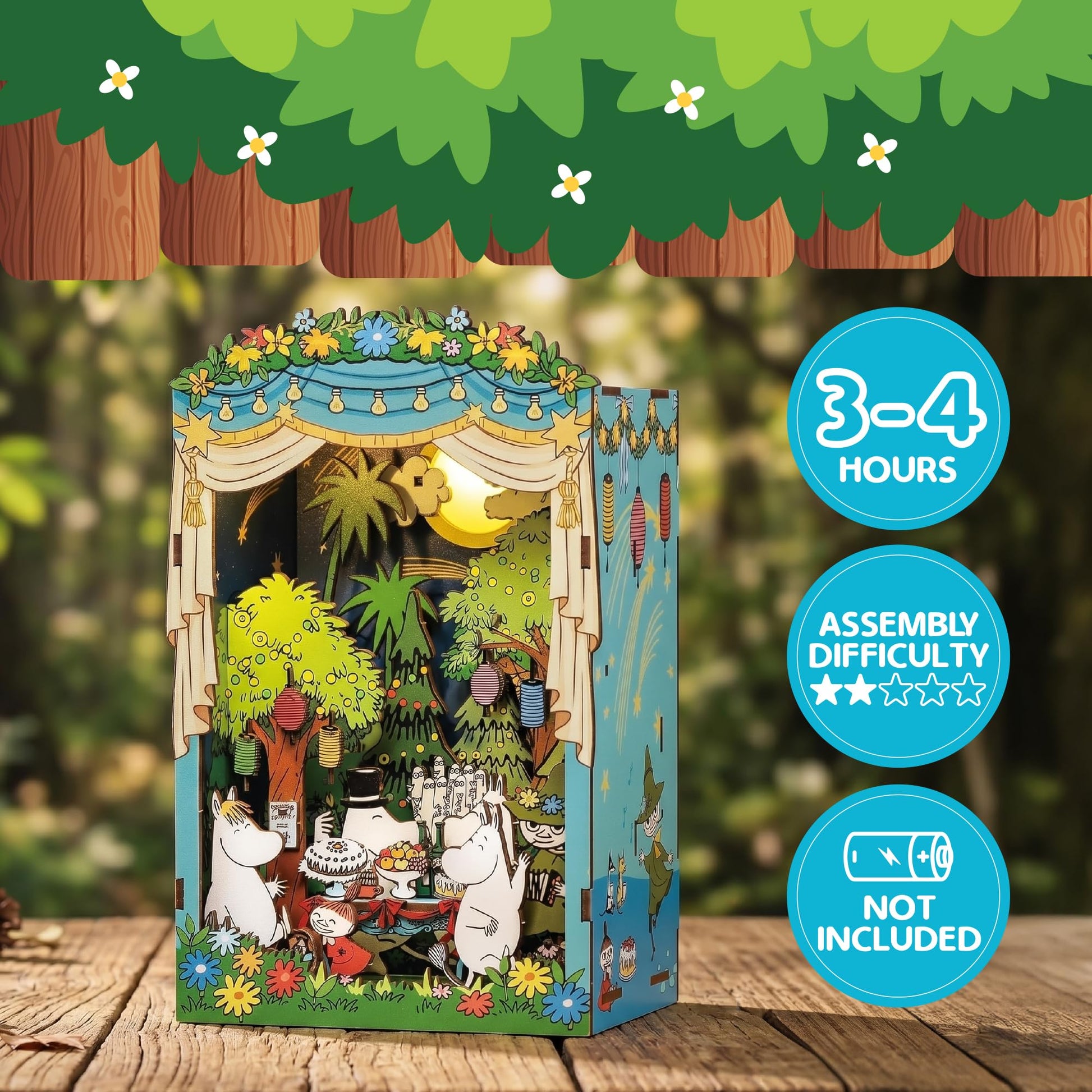 Hands Craft Moomin Moominous Dance Party Book Nook Kit - Fun 3D Puzzle with Touch LED Lights - DIY Wooden Craft Kit for Bookshelf Decor & Gifts