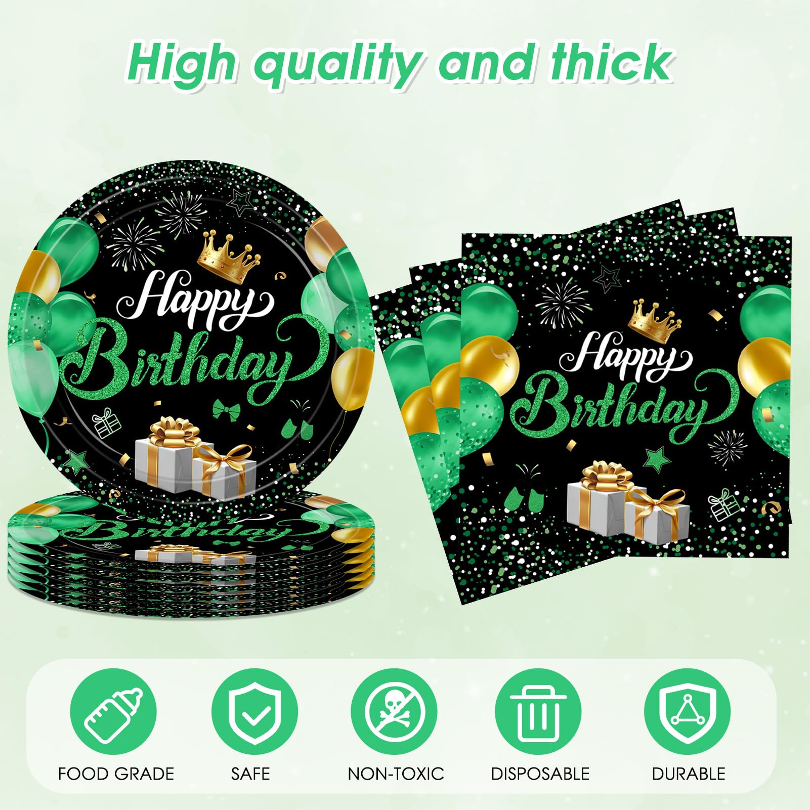 Green Birthday Decorations for Men Boys,Green and Black Party Tableware Set Include Birthday Plates Napkins and Tablecloth,for Mens Boy Bday Party