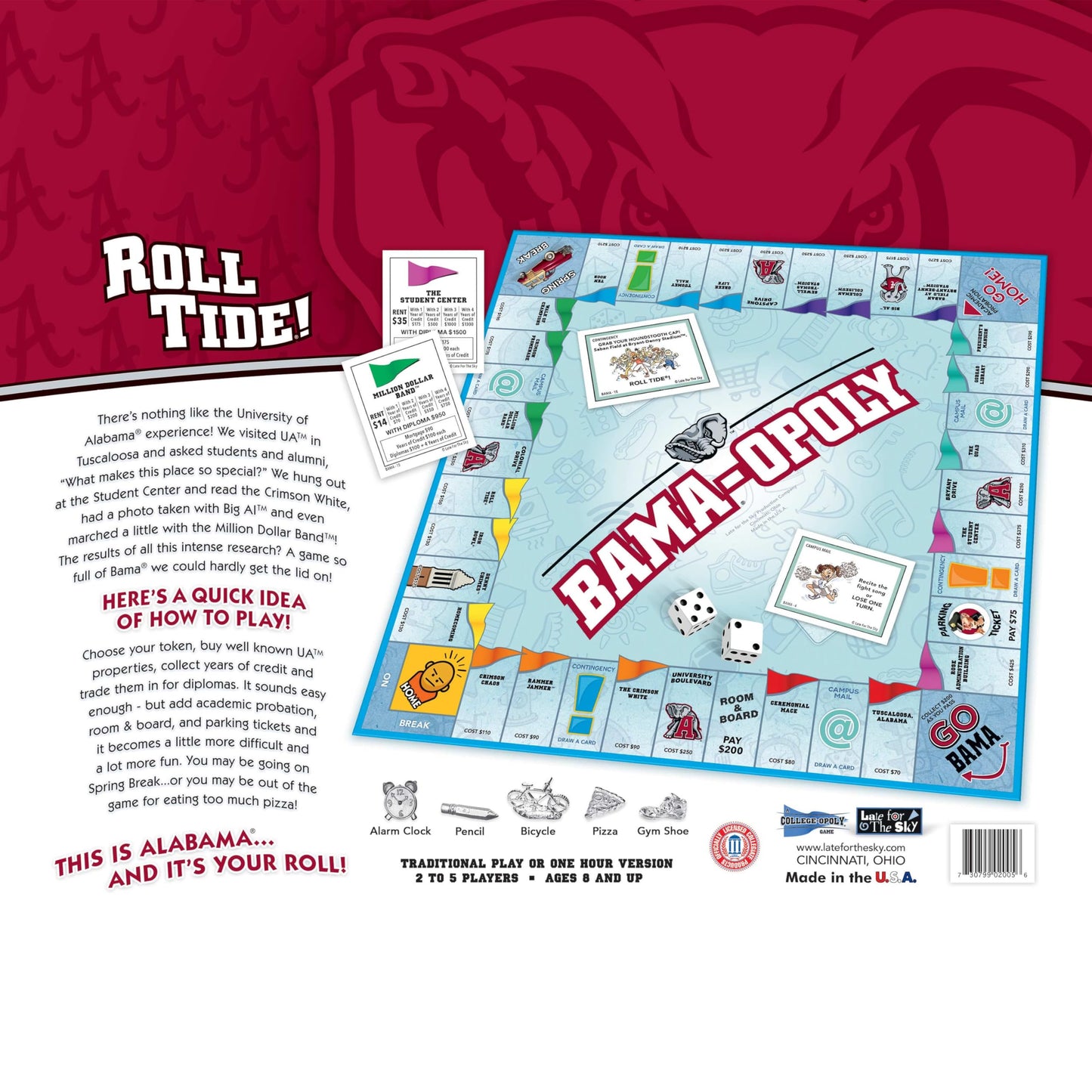 Late for the Sky BAMAOPOLY University of Alabama Board Game, Campus Landmarks Edition, 2-6 Players Ages 8+, Family Party Strategy Opoly for Alumni