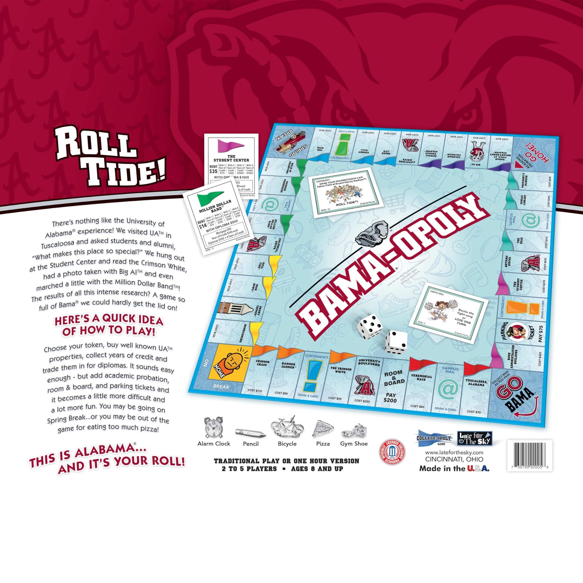 Late for the Sky BAMAOPOLY University of Alabama Board Game, Campus Landmarks Edition, 2-6 Players Ages 8+, Family Party Strategy Opoly for Alumni