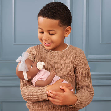 LullaBaby - 14-Inch Realistic Baby Doll - Brown Eyes, Warm Skintone & Soft Huggable Body - Pink Jumper Outfit with Bow Headband - Removable Clothes