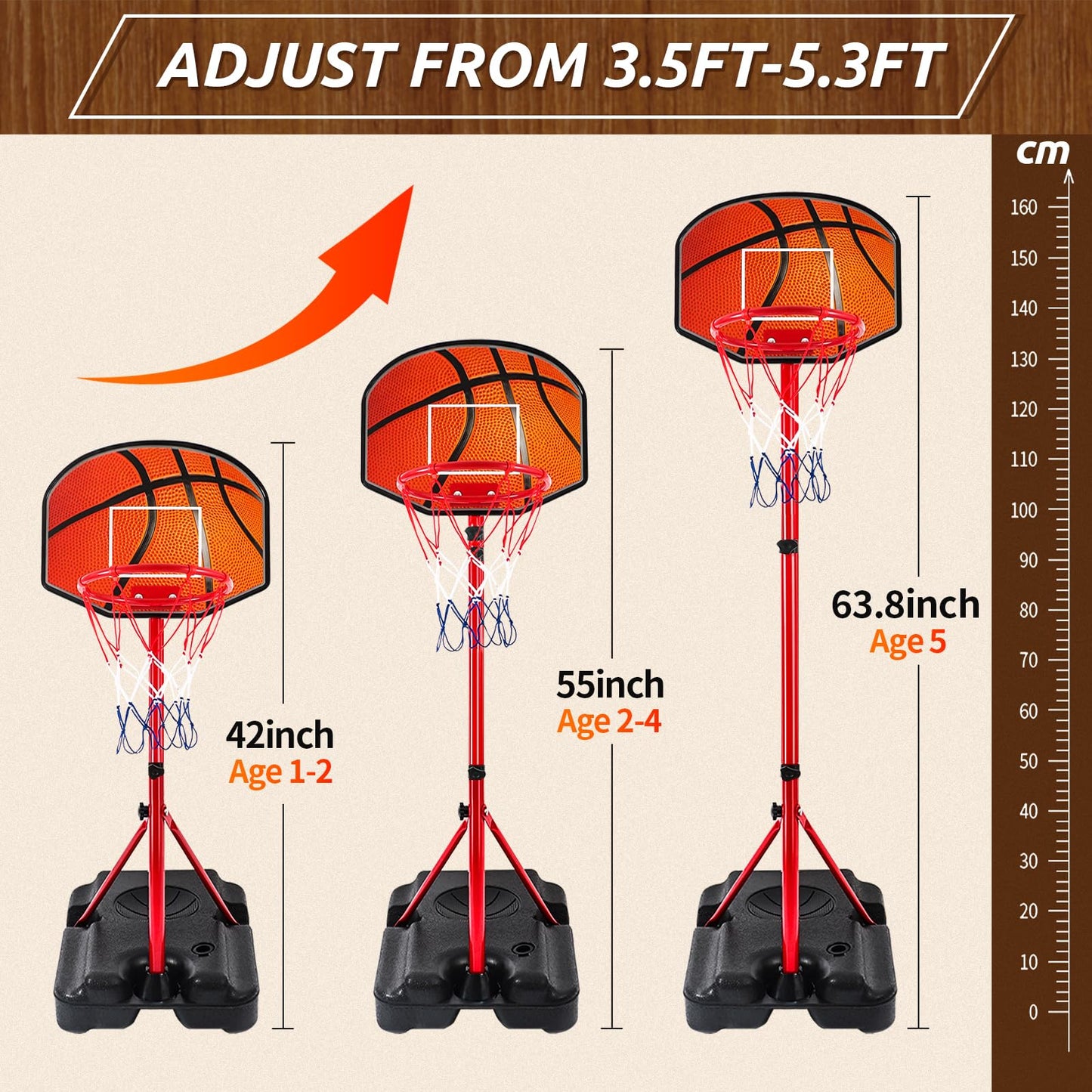 Kids Basketball Hoop for 3 4 5 6 Year Old Stand Adjustable Height 3.5ft-5.3ft Toddler Boy Basketball Hoop Indoor Mini Basketball Hoops Goal Ball Games