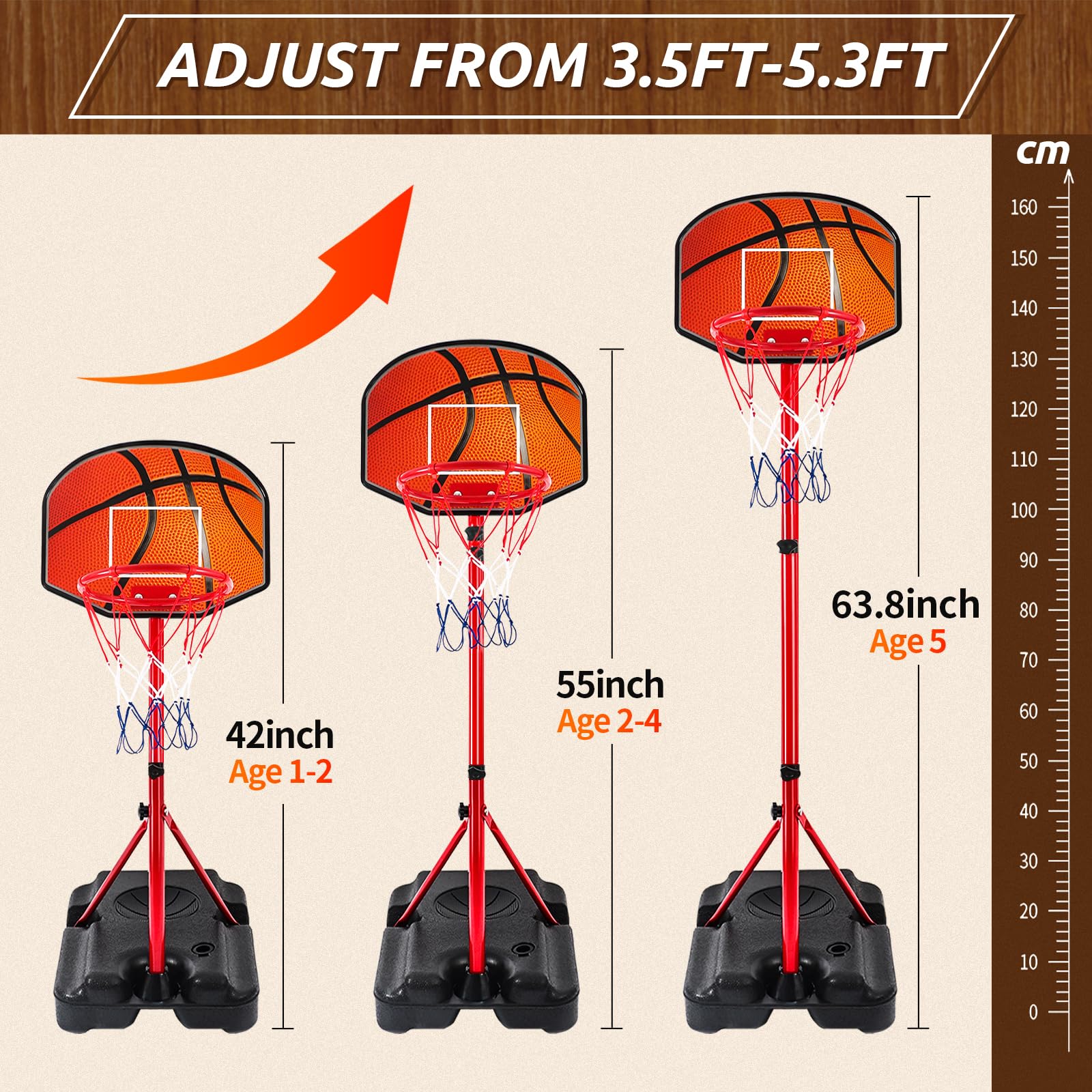 Kids Basketball Hoop for 3 4 5 6 Year Old Stand Adjustable Height 3.5ft-5.3ft Toddler Boy Basketball Hoop Indoor Mini Basketball Hoops Goal Ball Games