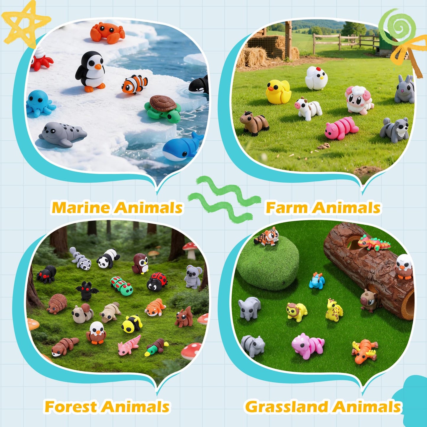 YRBIGSP 52 PCS 3D Printed Animals Set, Articulated 3D Printed Fidget Animal Toys for Kids Students Classroom Rewards,Party Favors, Easter Christmas