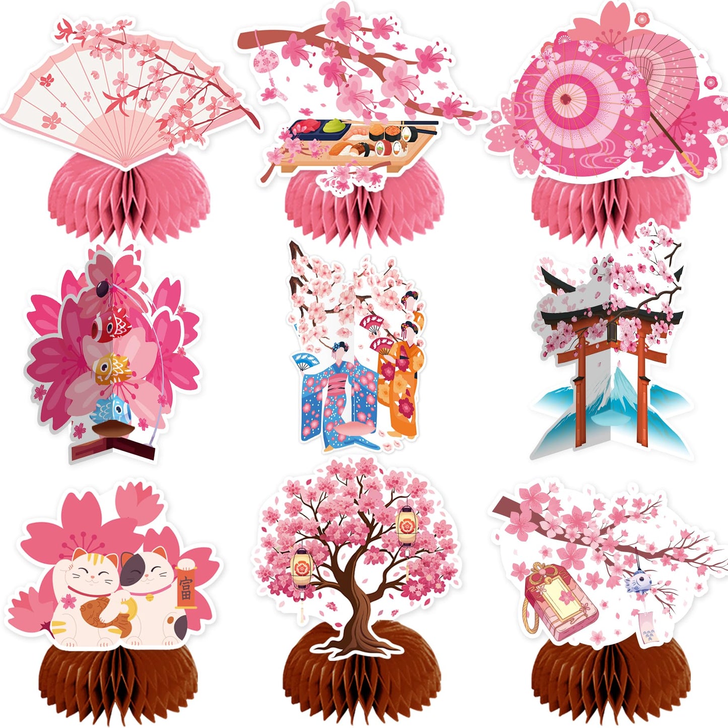 9 PCS Cherry Blossom Honeycomb Centerpieces for Table Decor, Cherry Blossom Table Decorations Table Toppers for Japanese Cherry Blossom Party