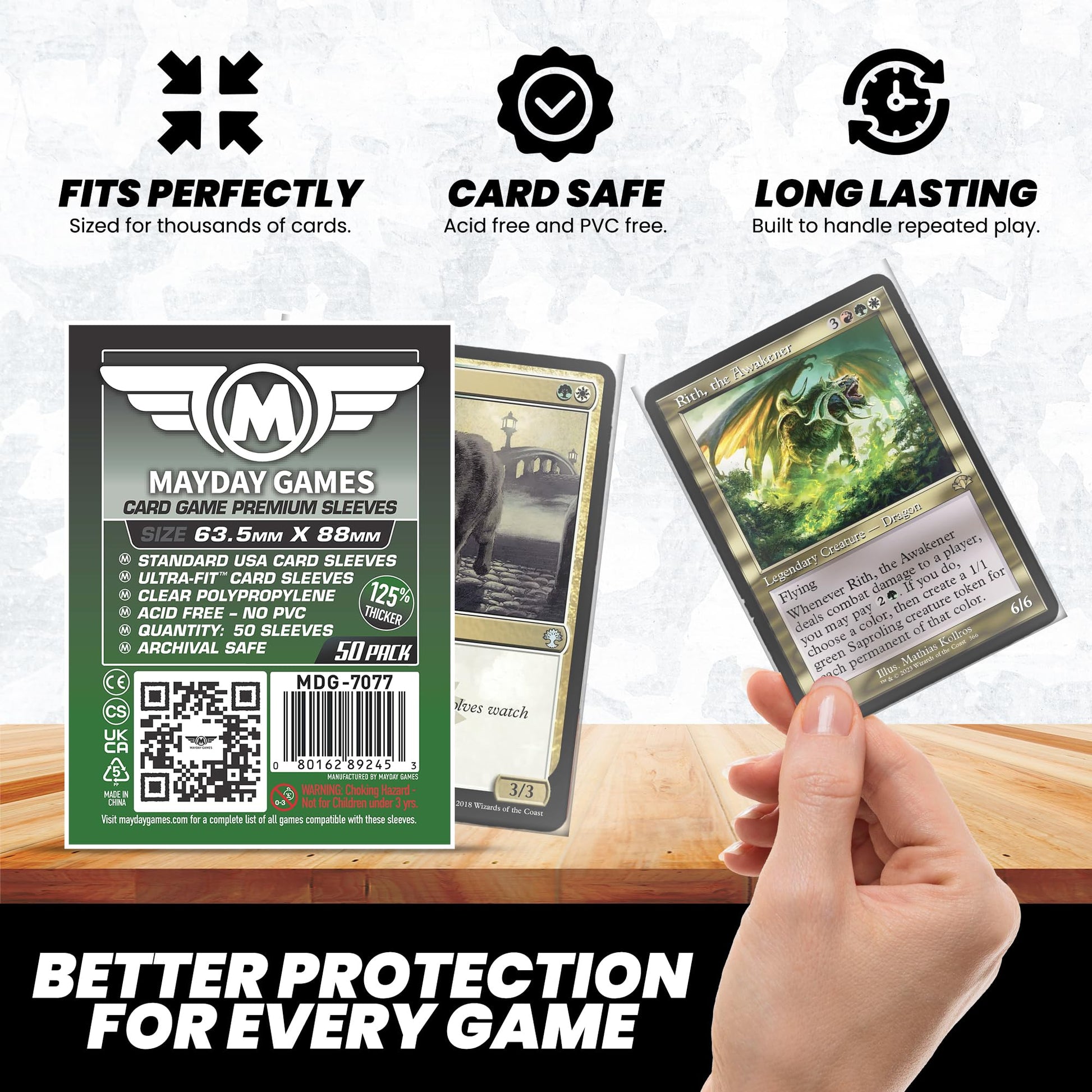 MayDay Games 63.5x88mm Card Sleeves Premium Bundle (4x50 Pack, 200 Sleeves) - 90 Micron Clear Polypropylene, Acid-Free & PVC-Free, Board Game Card