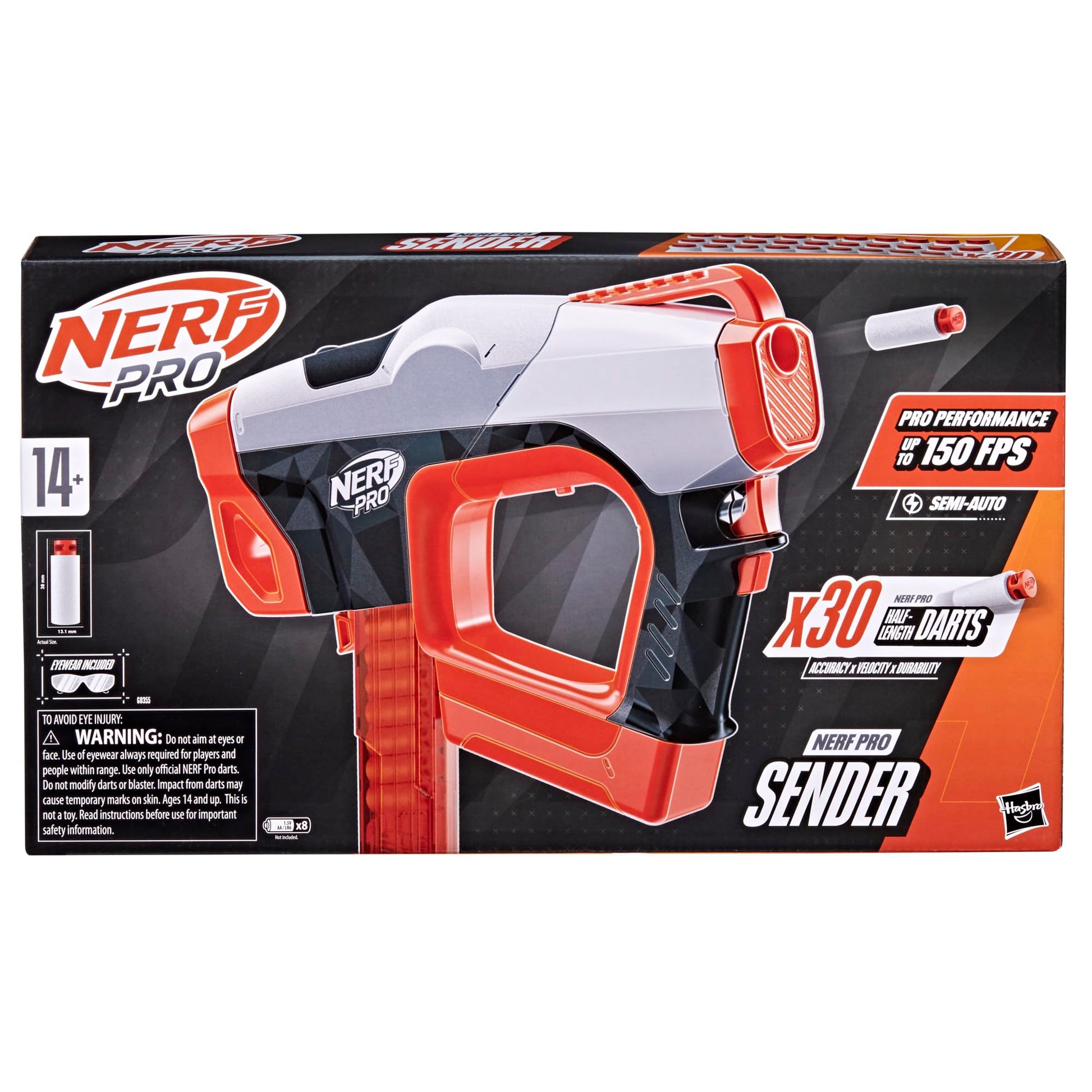 Nerf Pro Sender Half-Length Semi Automatic Dart Blaster, 150 FPS, 30 Nerf Pro Half-Length Darts, 15-Dart Magazine, Eyewear, Gifts for Teens, 14+