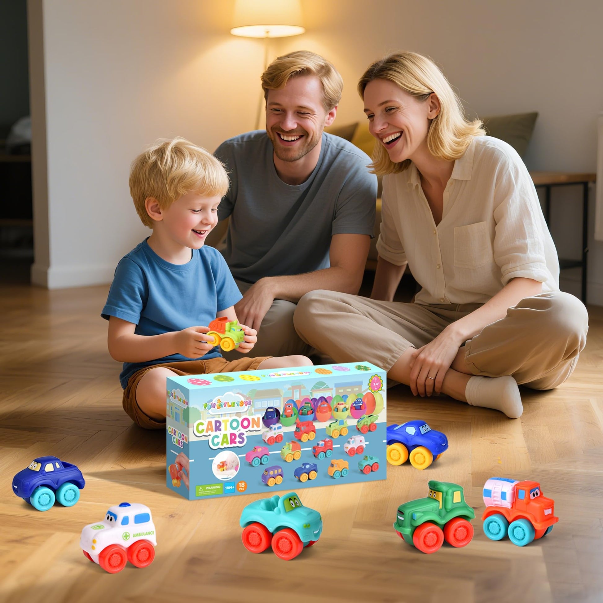 FUN LITTLE TOYS 18Pcs Prefilled Easter Eggs with Toy Cars, Easter Eggs Filled for Toddlers Kids Boys Hunt, Easter Party Favors, Easter Basket