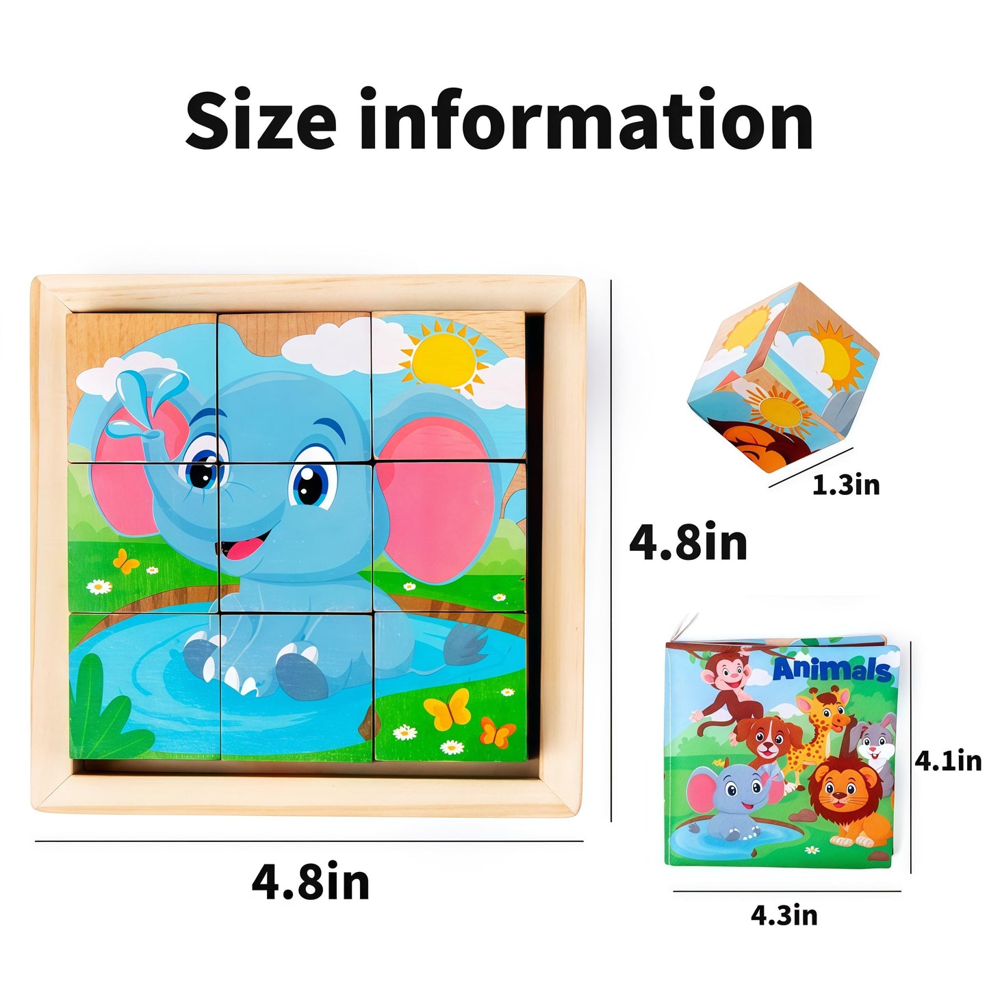PLUSYARD Wooden Animals Block Puzzles for Kids, Ages 2-4, 6-in-1 Montessori Educational Toys with Book, Jigsaw Puzzles for Preschool Learning, Rubber
