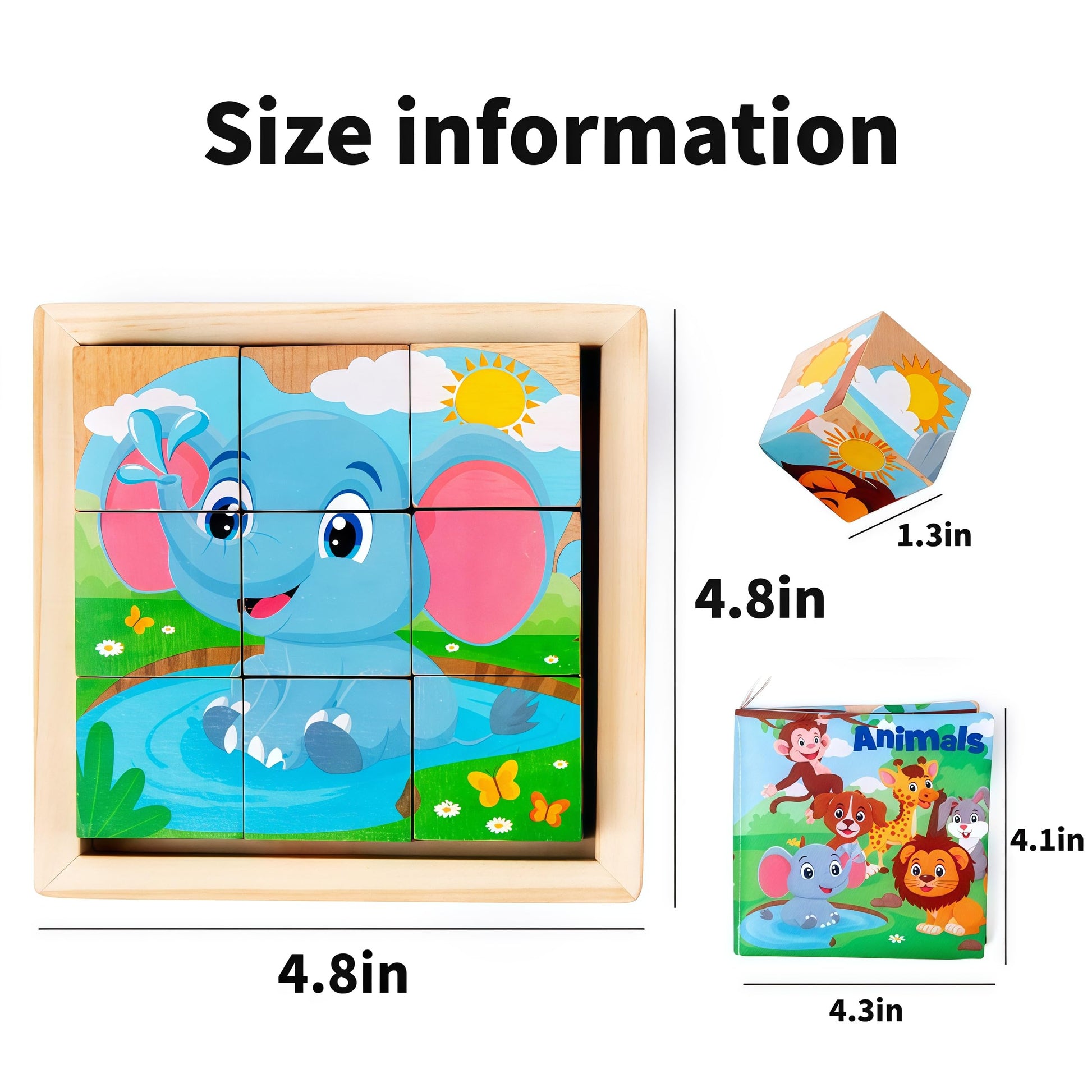 PLUSYARD Wooden Animals Block Puzzles for Kids, Ages 2-4, 6-in-1 Montessori Educational Toys with Book, Jigsaw Puzzles for Preschool Learning, Rubber