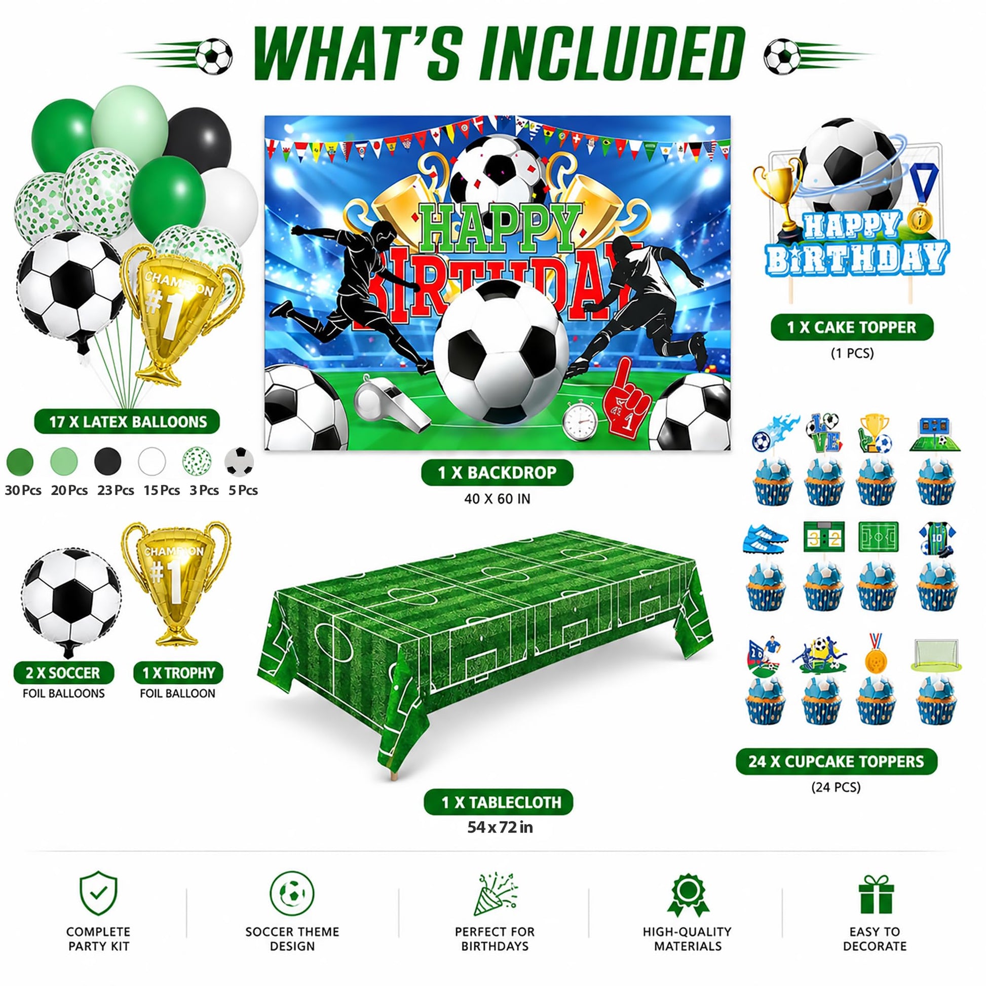 128Pcs Soccer Birthday Party Decorations Set - Football Theme Party Supplies with Backdrop, Balloon Arch Kit, Banner, Cake Topper & Tablecloth