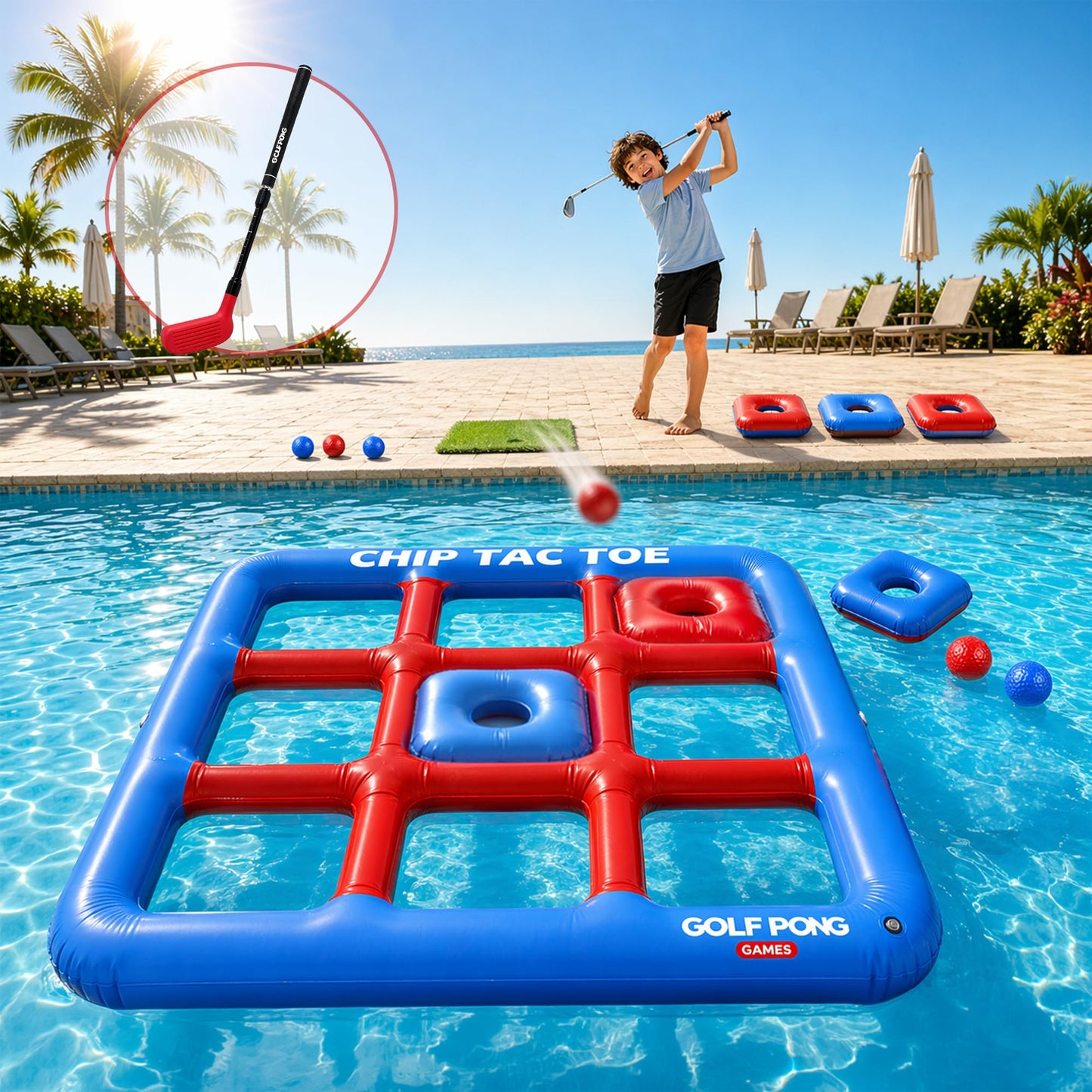 Golf Pong Chip Tac Toe Floating Pool Golf Game, Club Included