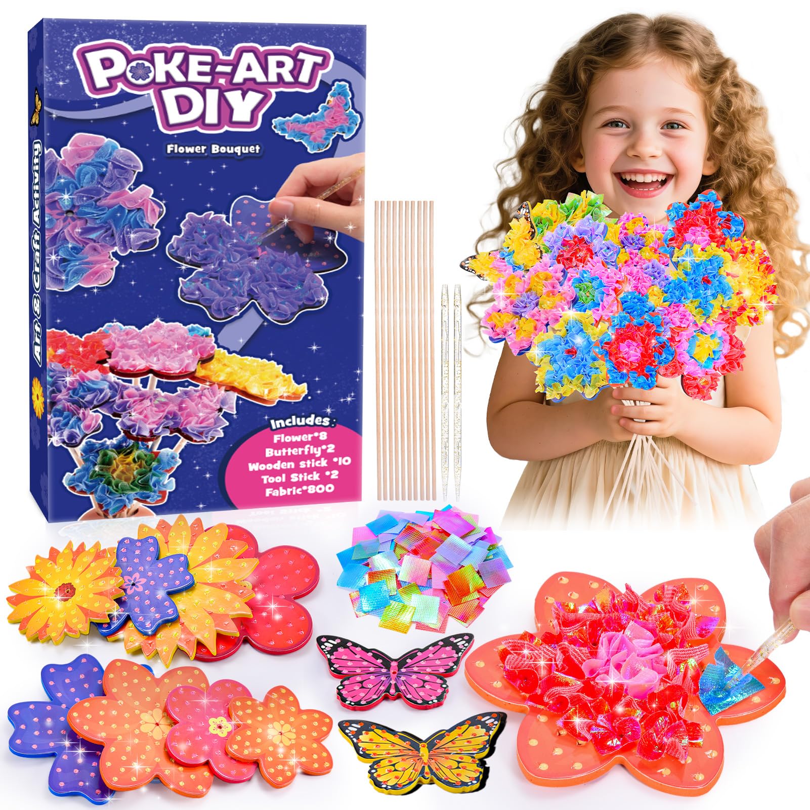 Arts and Crafts for Girls Ages 4-12, Poke Art Flower Bouquet with 8 Flowers & 2 Butterflies DIY Creative Activity Mess-Free Fun for Kid Party Favors