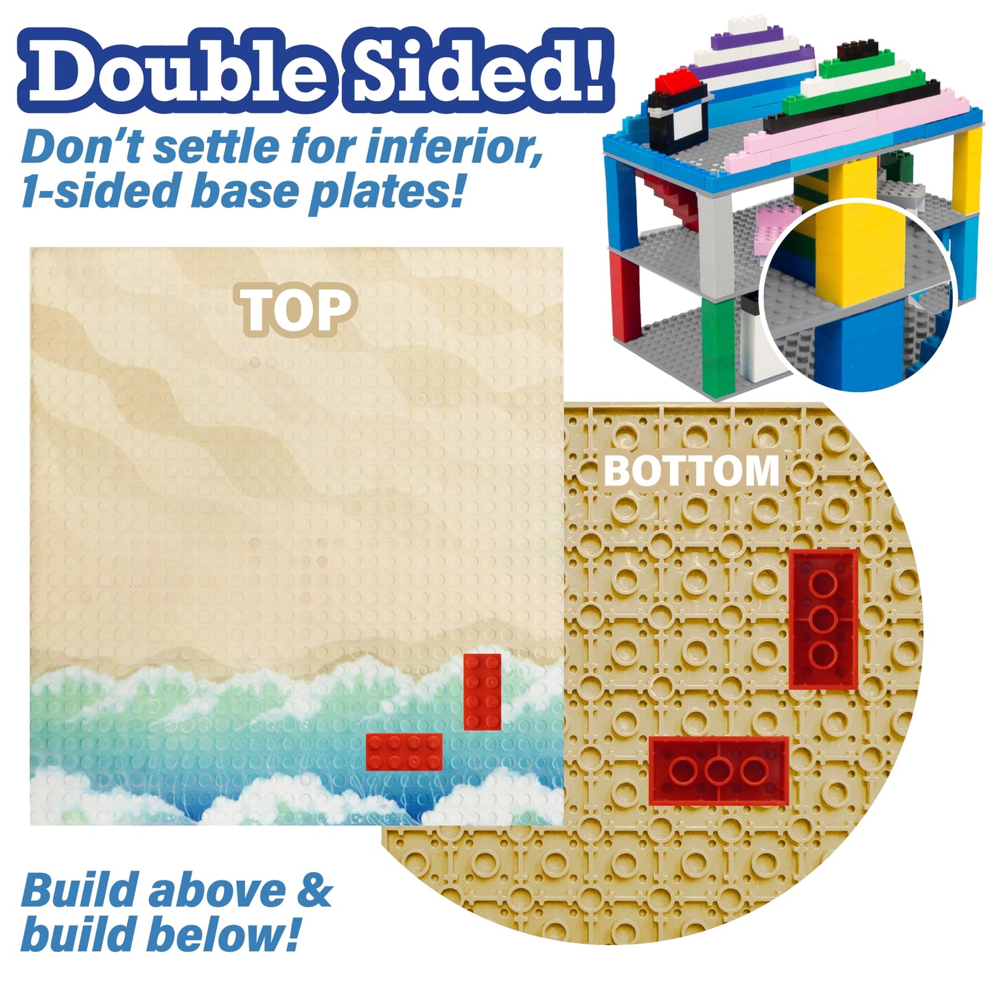 Summer Beach Terrain Baseplates for Building Bricks - Set of 2 Large 10"x10" Building Plates - Dual Connectivity, Build on Both Sides - Compatible