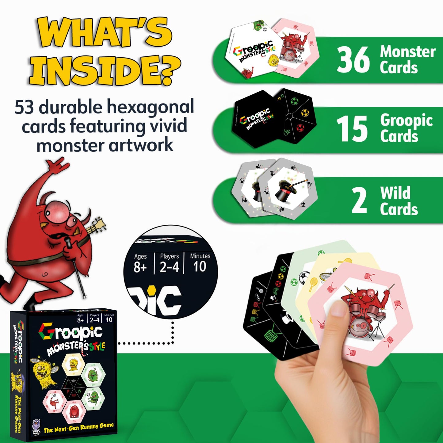 Groopic Monster's Style - Award-Winning and Fun Twist on The Beloved Rummy Game. Board Games for Kids 8-12 & Families, Innovative Rummy Card Game Set