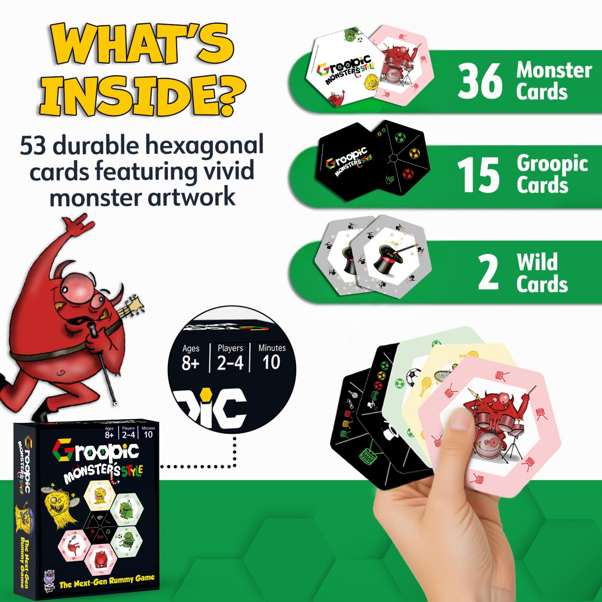 Groopic Monster's Style - Award-Winning and Fun Twist on The Beloved Rummy Game. Board Games for Kids 8-12 & Families, Innovative Rummy Card Game Set