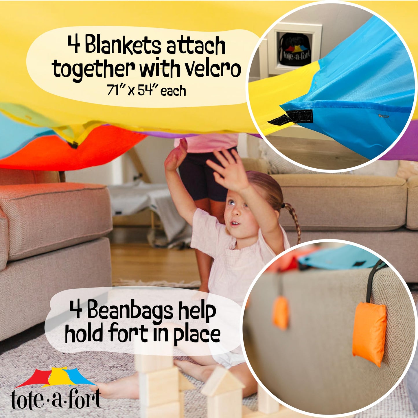 Tote a Fort Original XL Blanket Fort Building Kit - Portable Playhouse Play Tent Fort - Indoor & Outdoor Toy Set for Ages 4-12+ - STEM Toy - 4 Blanket