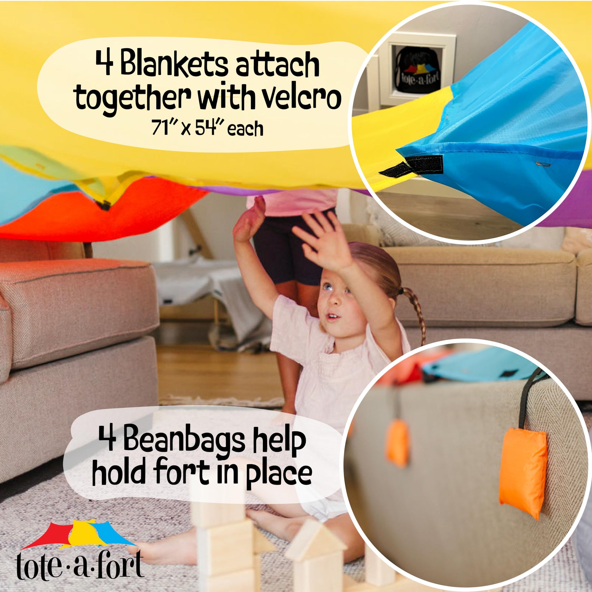 Tote a Fort Original XL Blanket Fort Building Kit - Portable Playhouse Play Tent Fort - Indoor & Outdoor Toy Set for Ages 4-12+ - STEM Toy - 4 Blanket